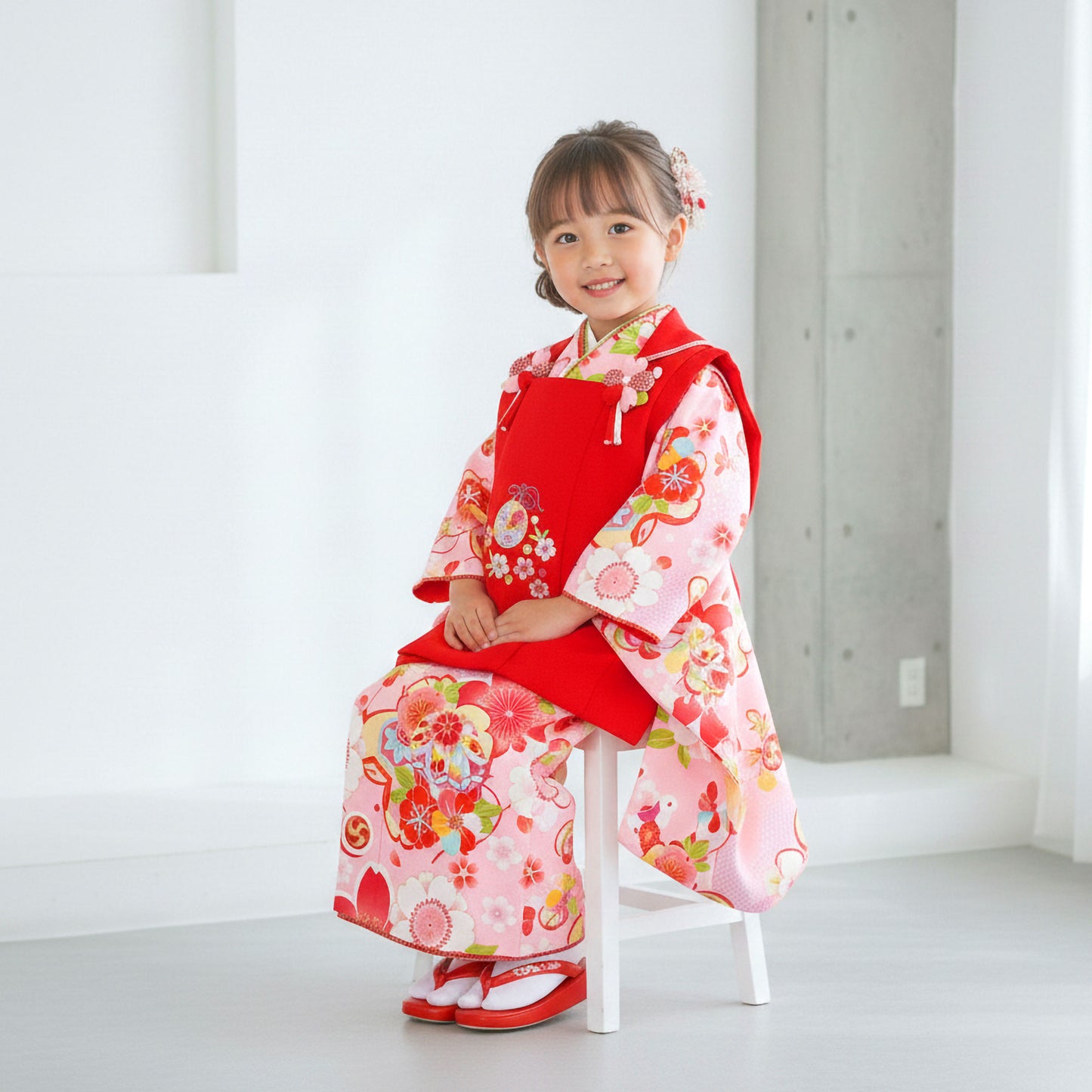 【レンタル】七五三女の子3歳着物被布753着物フルセット着物貸衣装七五三三歳子供着物女児子ども結婚式和装式部浪漫ブランド赤ピンク桜鞠【往復送料無料】No.3023新品足袋プレゼント