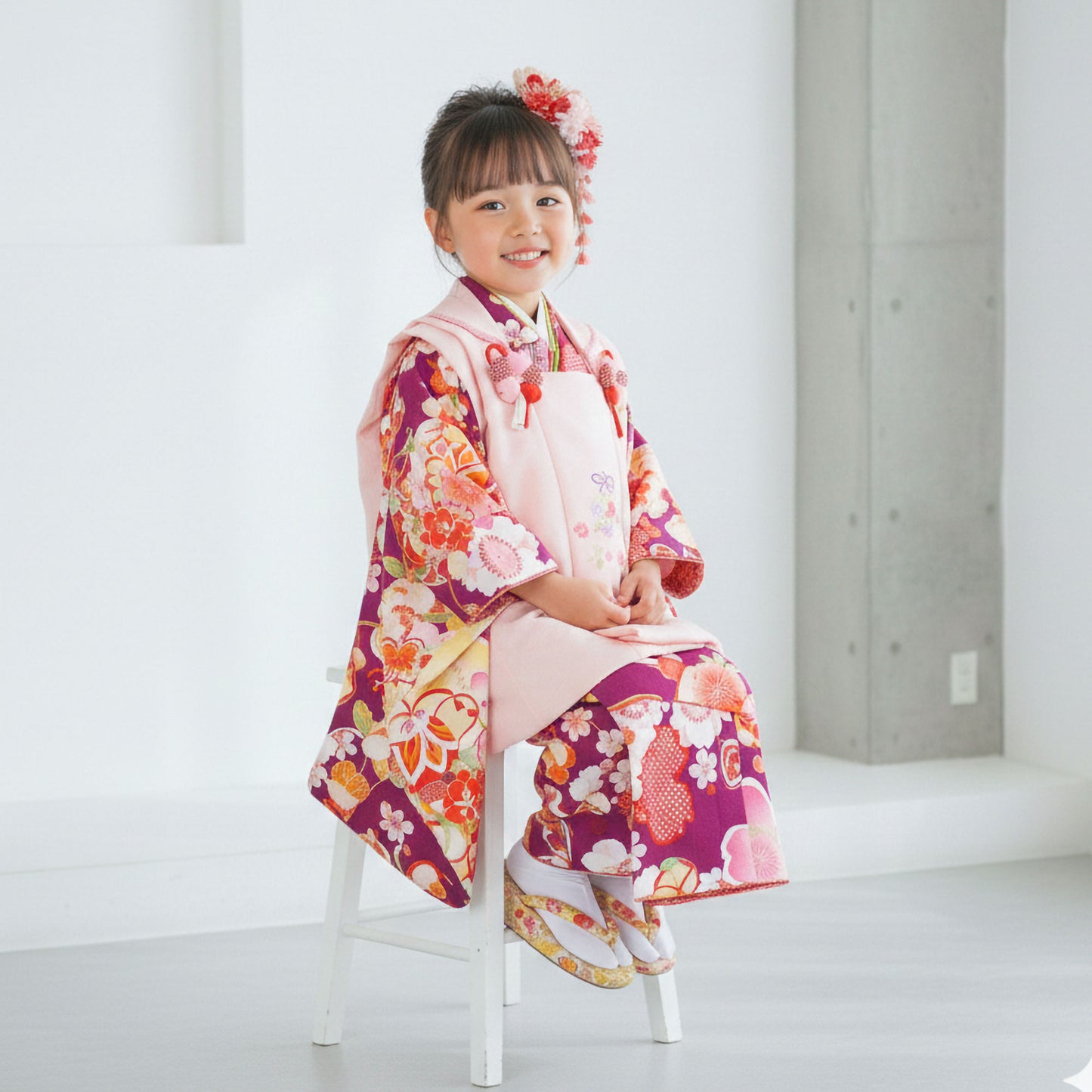 【レンタル】七五三女の子3歳着物被布753着物フルセット着物貸衣装七五三三歳子供着物女児子ども結婚式和装式部浪漫ブランド紫ピンク【往復送料無料】No.3025新品足袋プレゼント