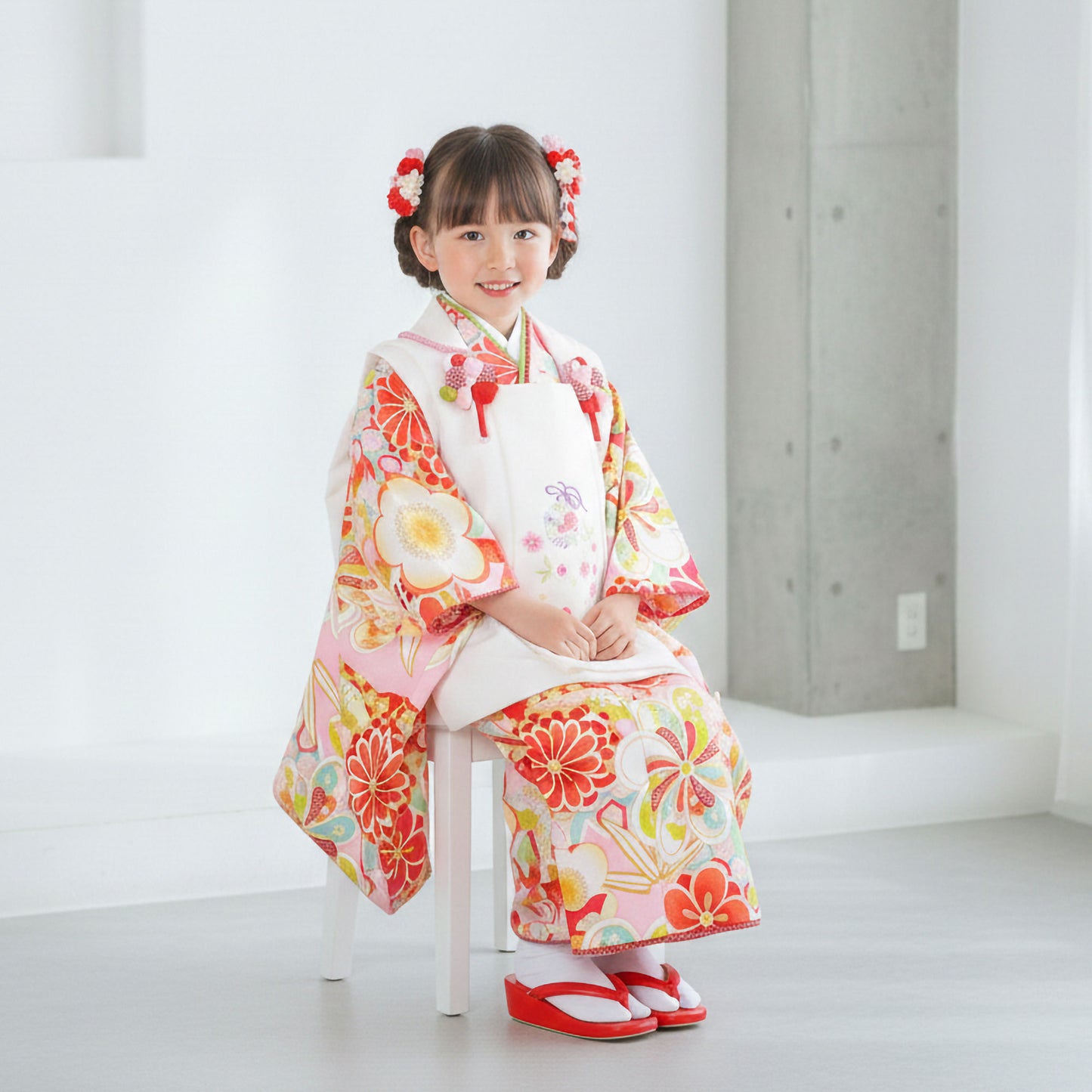 【レンタル】七五三女の子3歳着物被布753着物フルセット着物貸衣装七五三三歳子供着物女児子ども結婚式和装式部浪漫ブランドピンク黄色白【往復送料無料】No.3027新品足袋プレゼント