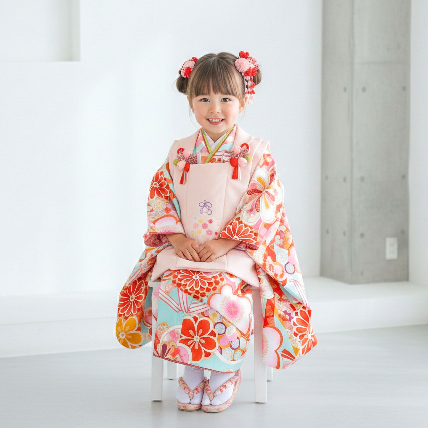 【レンタル】七五三女の子3歳着物被布753着物フルセット着物貸衣装七五三三歳子供着物女児子ども結婚式和装式部浪漫ブランド水色ピンク梅【往復送料無料】No.3028新品足袋プレゼント