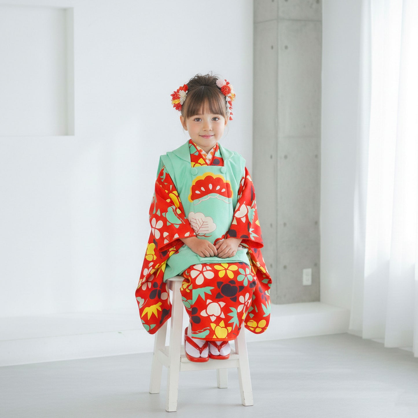 【レンタル】七五三女の子3歳着物被布753着物フルセット着物貸衣装七五三三歳子供着物女児子ども結婚式和装新ブランド【LILLI】水色赤橘【往復送料無料】No.3032新品足袋プレゼント