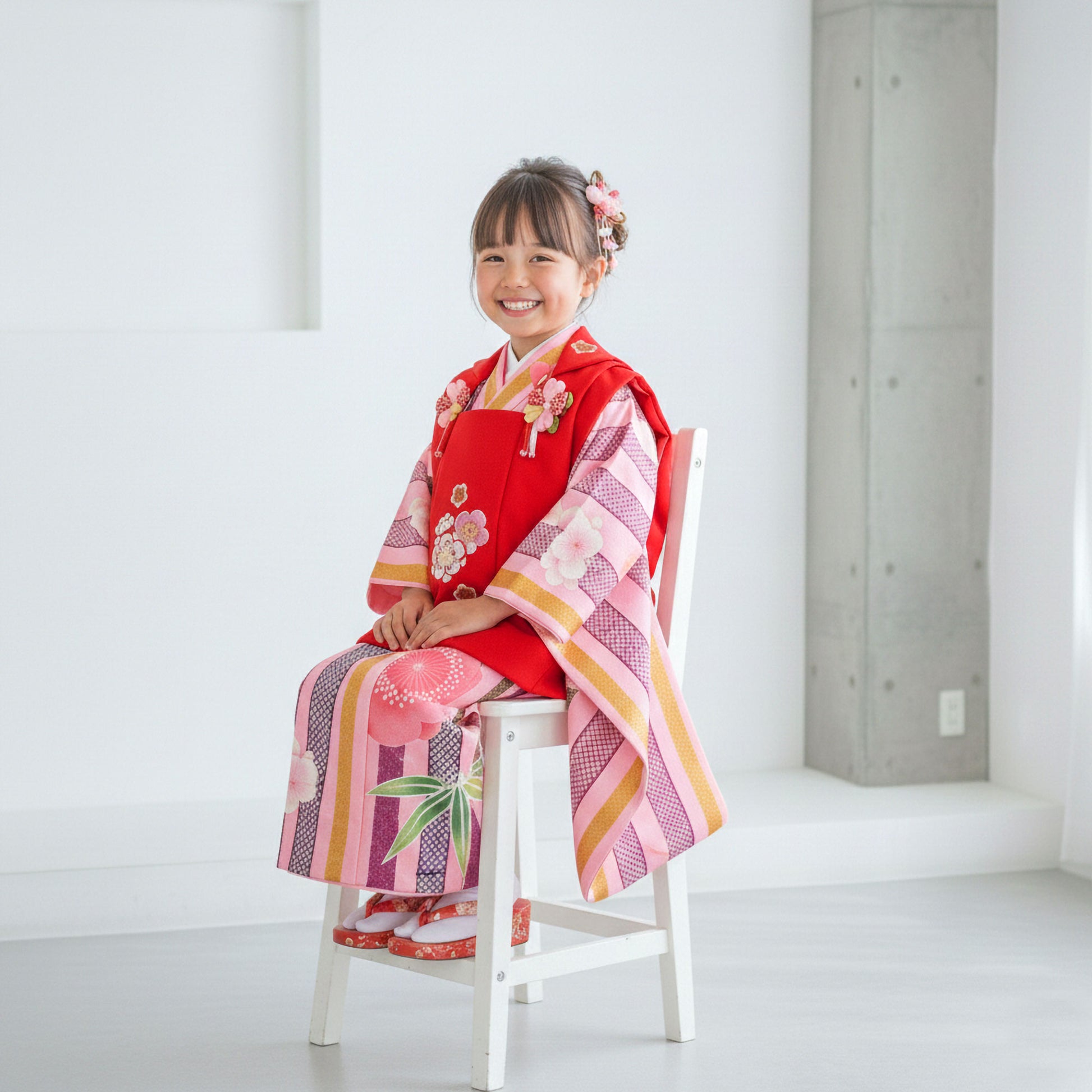 【レンタル】七五三女の子3歳着物被布753着物フルセット着物貸衣装七五三三歳子供着物女児子ども結婚式和装和がままブランド赤ピンク梅【往復送料無料】No.3034新品足袋プレゼント