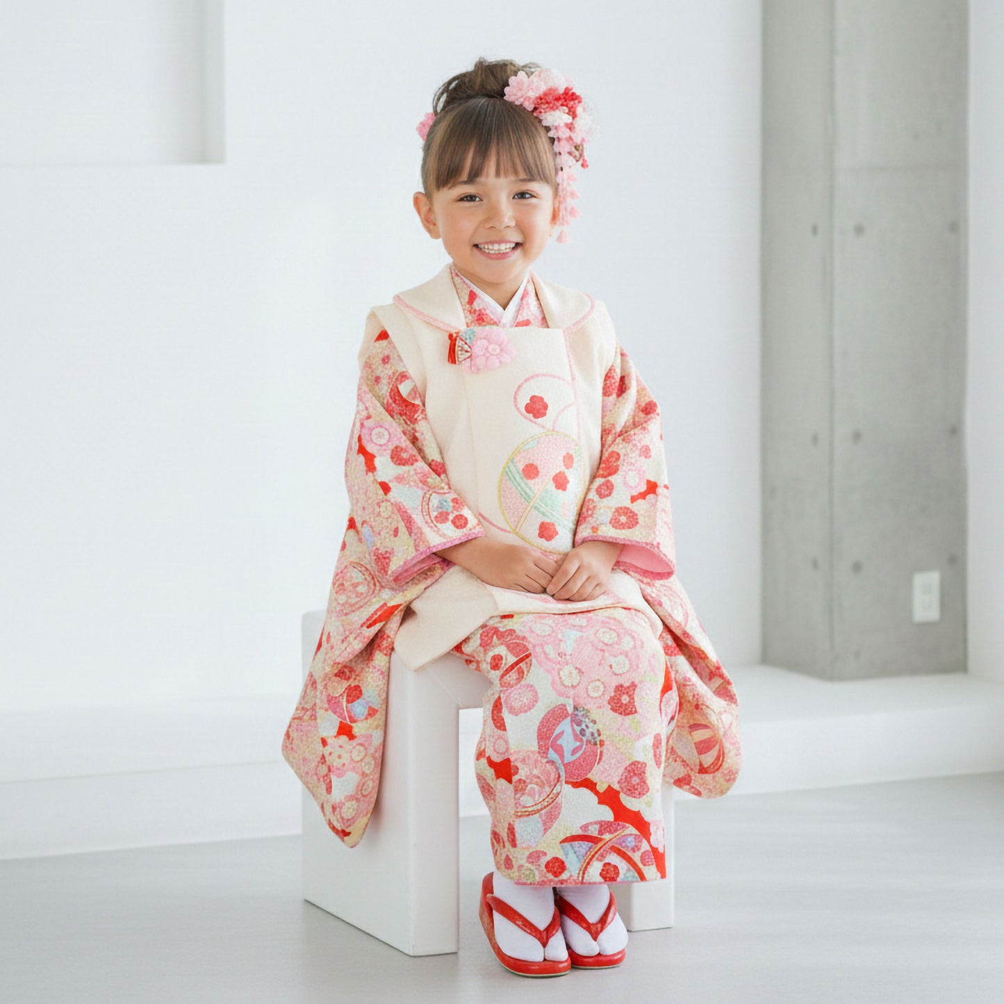 【レンタル】七五三女の子3歳着物被布753着物フルセット着物貸衣装七五三三歳子供着物女児子ども結婚式和装乙葉ブランド古典白ピンク【往復送料無料】No.3035新品足袋プレゼント