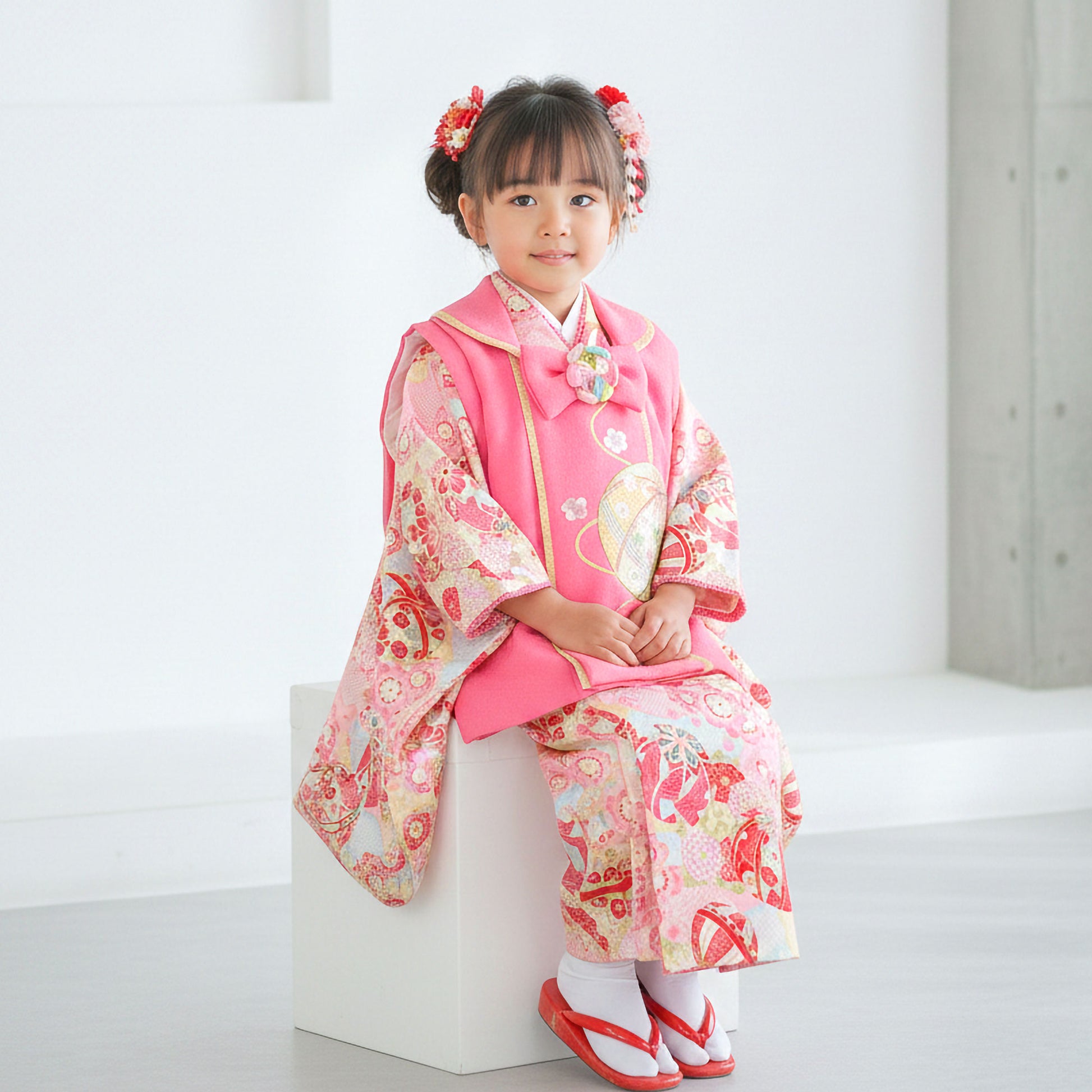 【レンタル】七五三女の子3歳着物被布753着物フルセット着物貸衣装七五三三歳子供着物女児子ども結婚式和装乙葉ブランド古典白ピンク【往復送料無料】No.3036新品足袋プレゼント