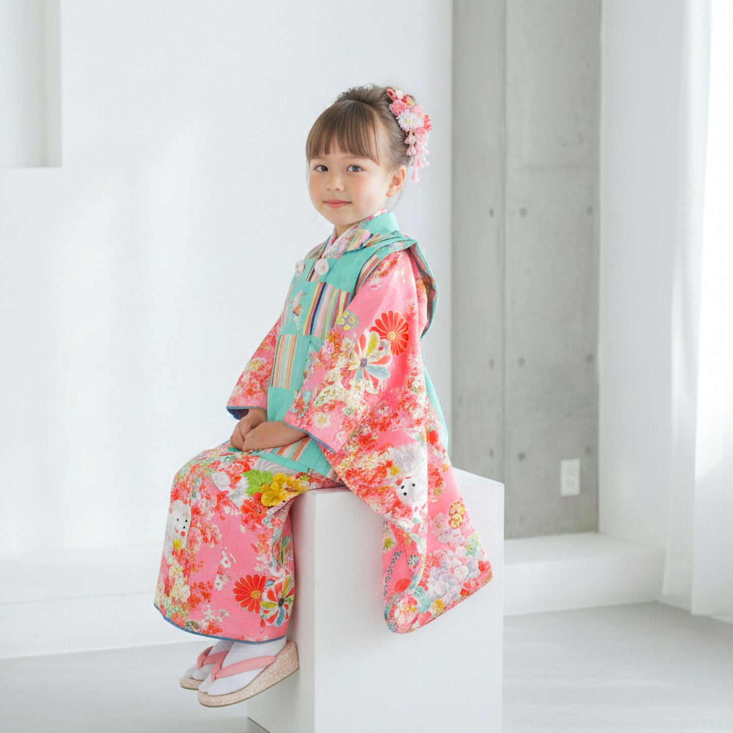 【レンタル】七五三女の子3歳着物被布753着物フルセット着物貸衣装七五三三歳子供着物女児子ども可愛いひな祭り結婚式和装ModernAntennaモダンアンテナブランド古典青ピンク水色【往復送料無料】No.3037新品足袋プレゼント