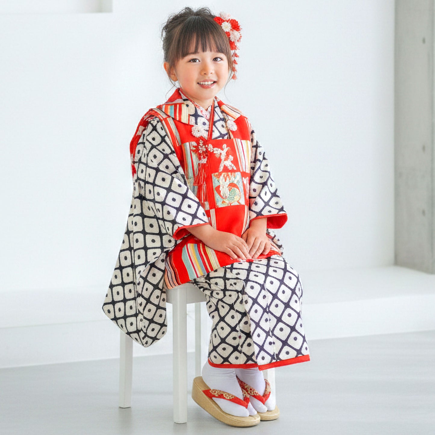 【レンタル】七五三女の子3歳着物被布753着物フルセット着物貸衣装七五三三歳子供着物女児子ども可愛いひな祭り結婚式和装ModernAntennaモダンアンテナブランド古典白黒赤鹿の子【往復送料無料】No.3038新品足袋プレゼント