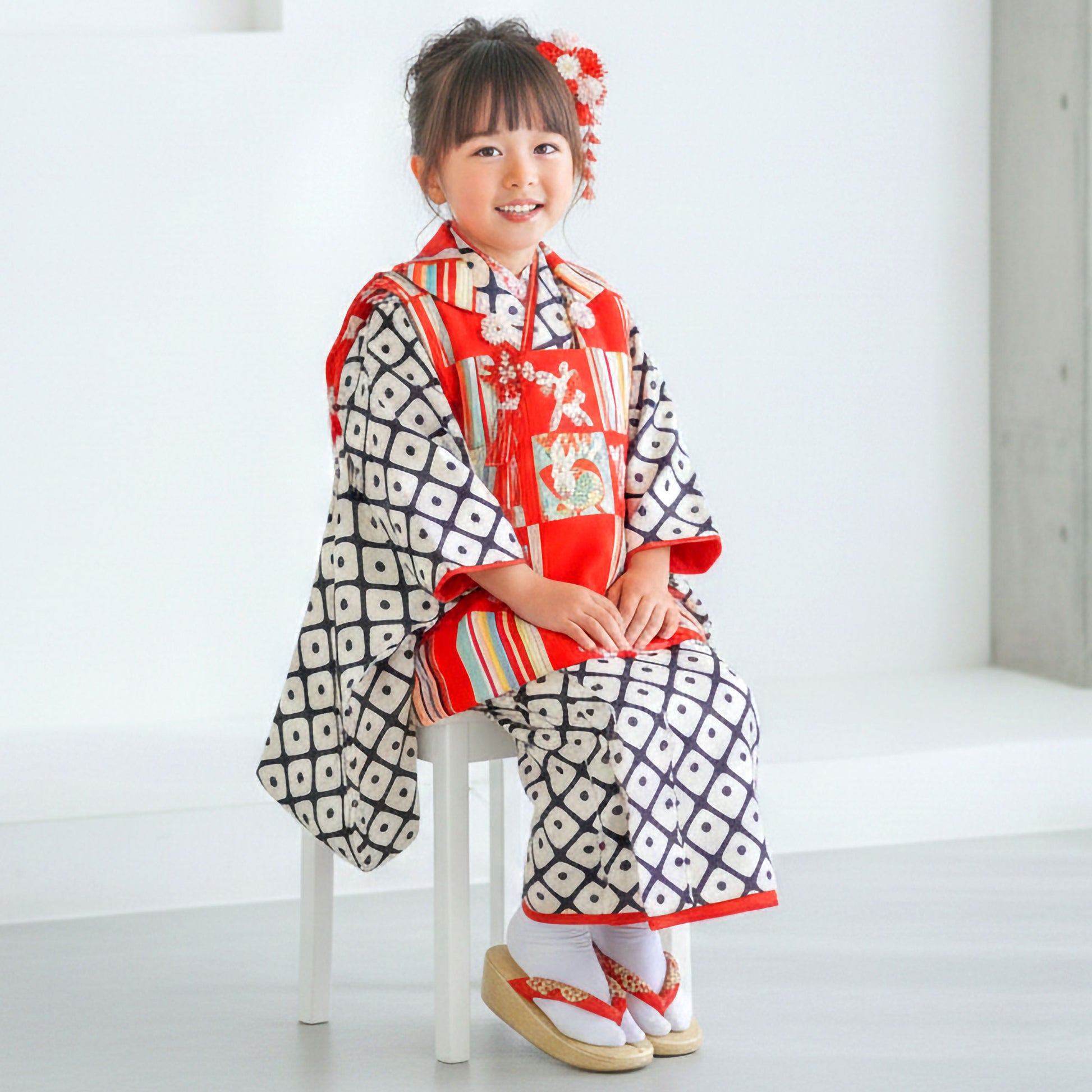 【レンタル】七五三女の子3歳着物被布753着物フルセット着物貸衣装七五三三歳子供着物女児子ども可愛いひな祭り結婚式和装ModernAntennaモダンアンテナブランド古典白黒赤鹿の子【往復送料無料】No.3038新品足袋プレゼント