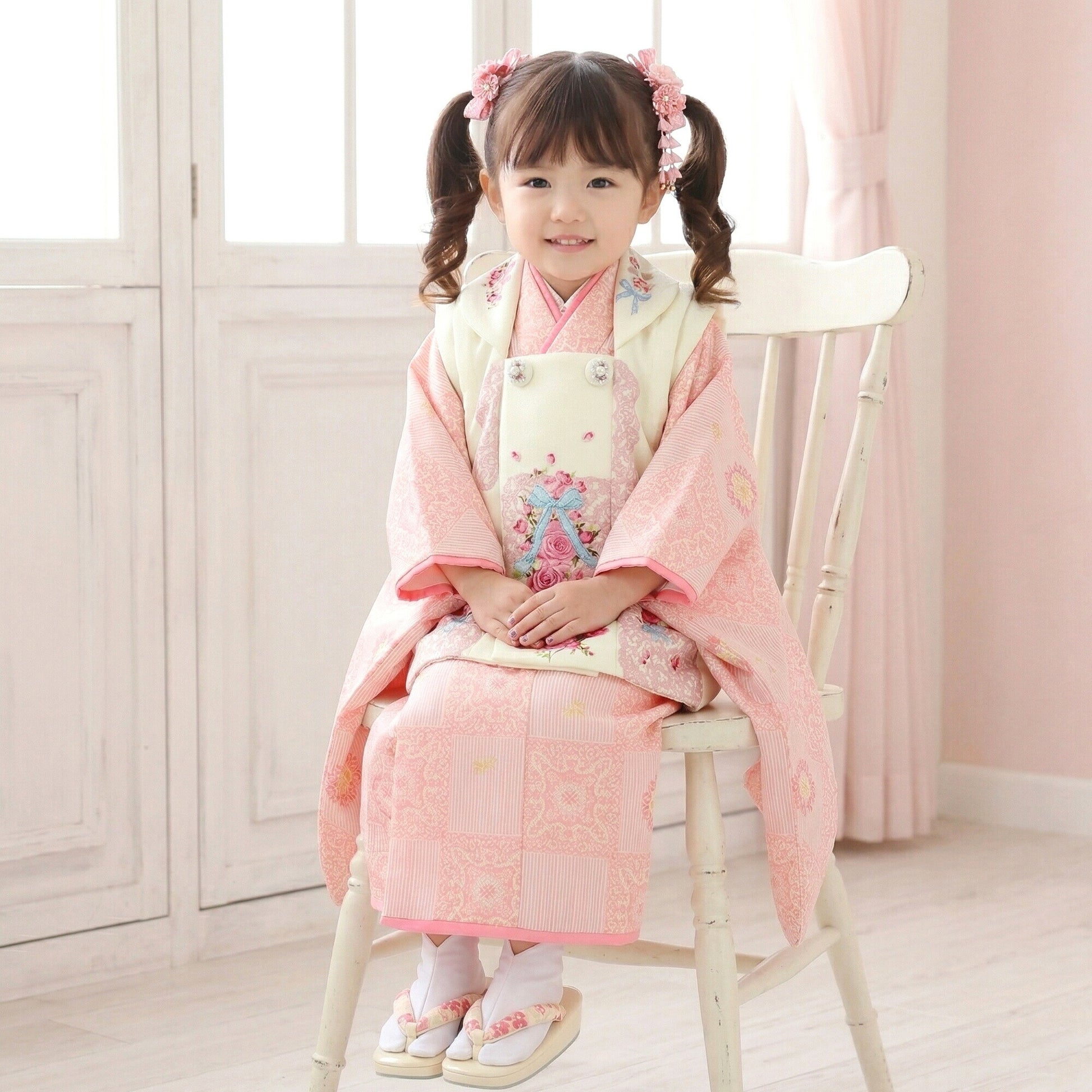 【レンタル】七五三女の子3歳着物被布753着物フルセット着物貸衣装七五三三歳子供着物女児子ども結婚式和装MezzoPianoメゾピアノブランドモダン柄ピンク白【往復送料無料】No.3042新品足袋プレゼント