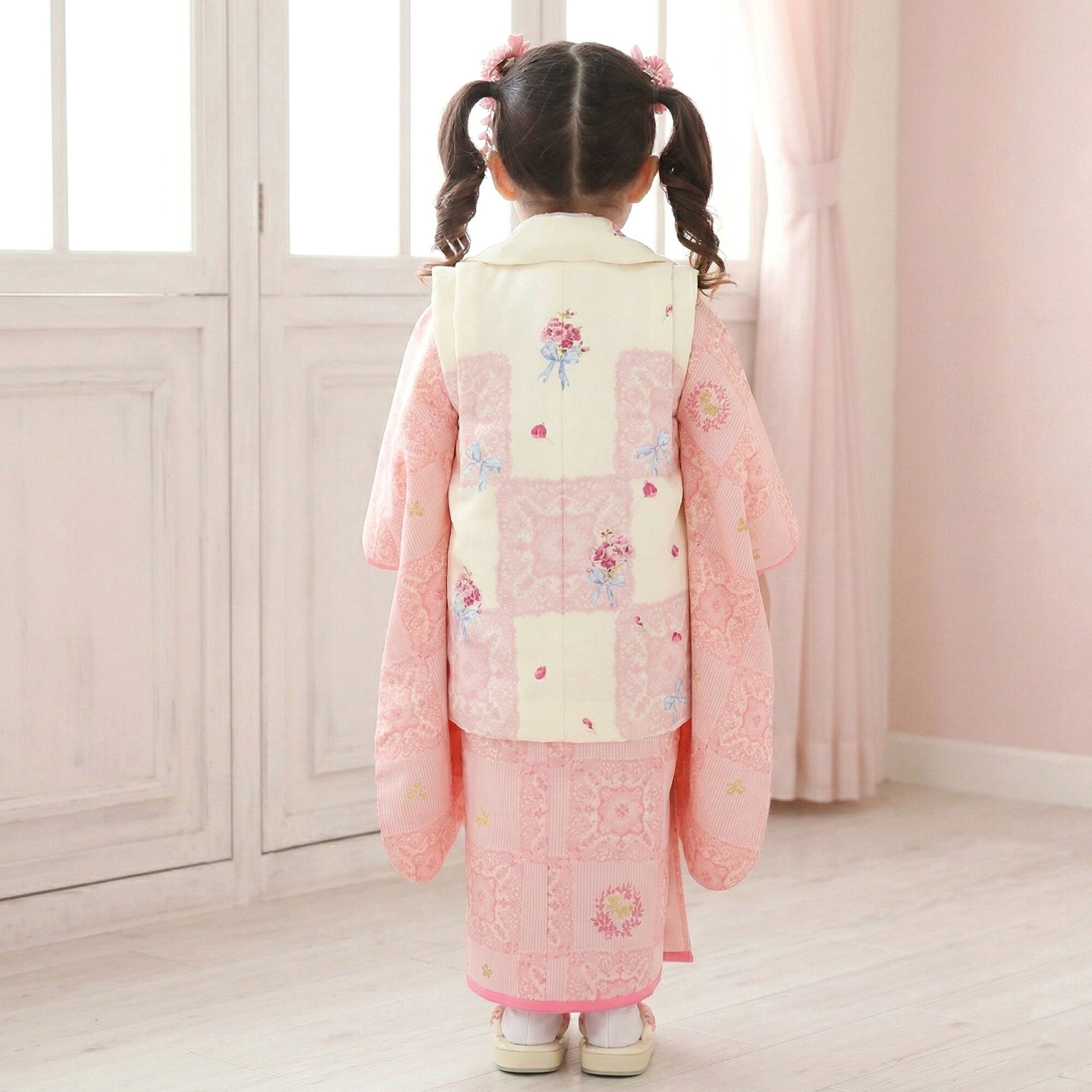 【レンタル】七五三女の子3歳着物被布753着物フルセット着物貸衣装七五三三歳子供着物女児子ども結婚式和装MezzoPianoメゾピアノブランドモダン柄ピンク白【往復送料無料】No.3042新品足袋プレゼント