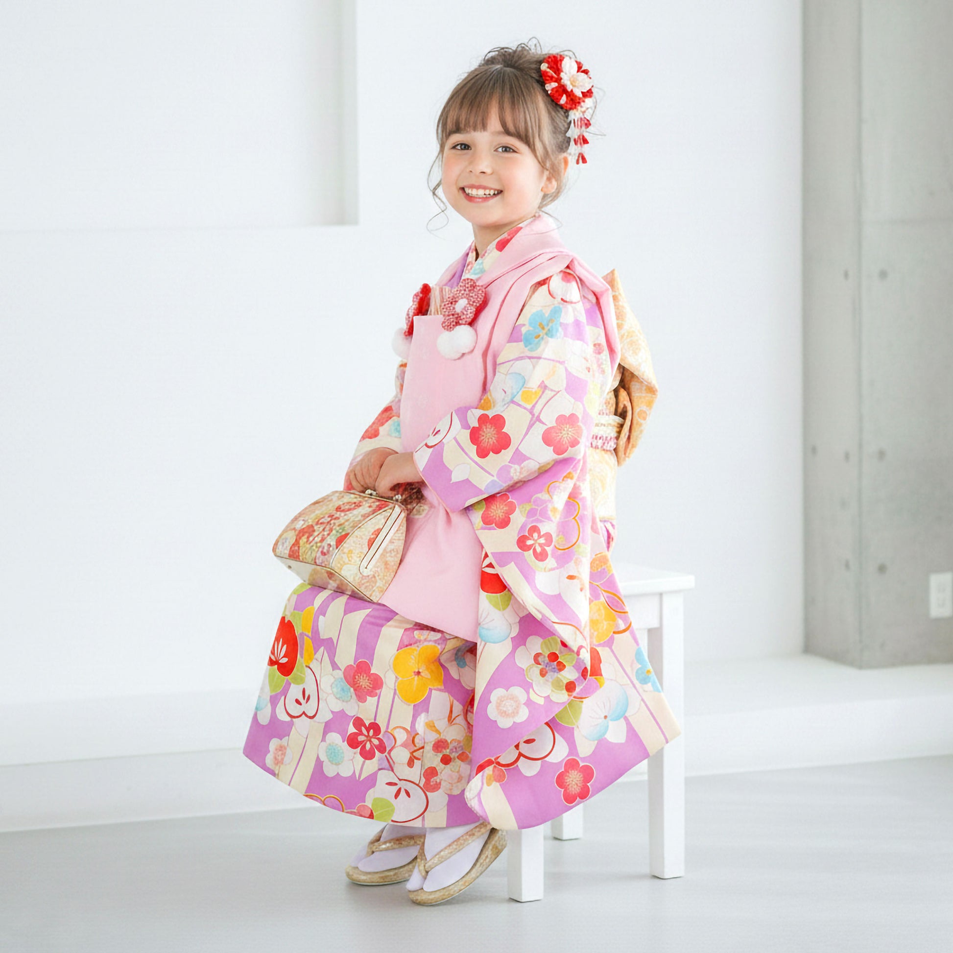 【お買い物マラソン10%OFFクーポン配布中!】【レンタル】七五三女の子3歳着物被布753着物フルセット着物貸衣装七五三三歳子供着物女児子ども結婚式和装小町kids小町キッズ白紫矢絣橘【往復送料無料】No.3062新品足袋プレゼント