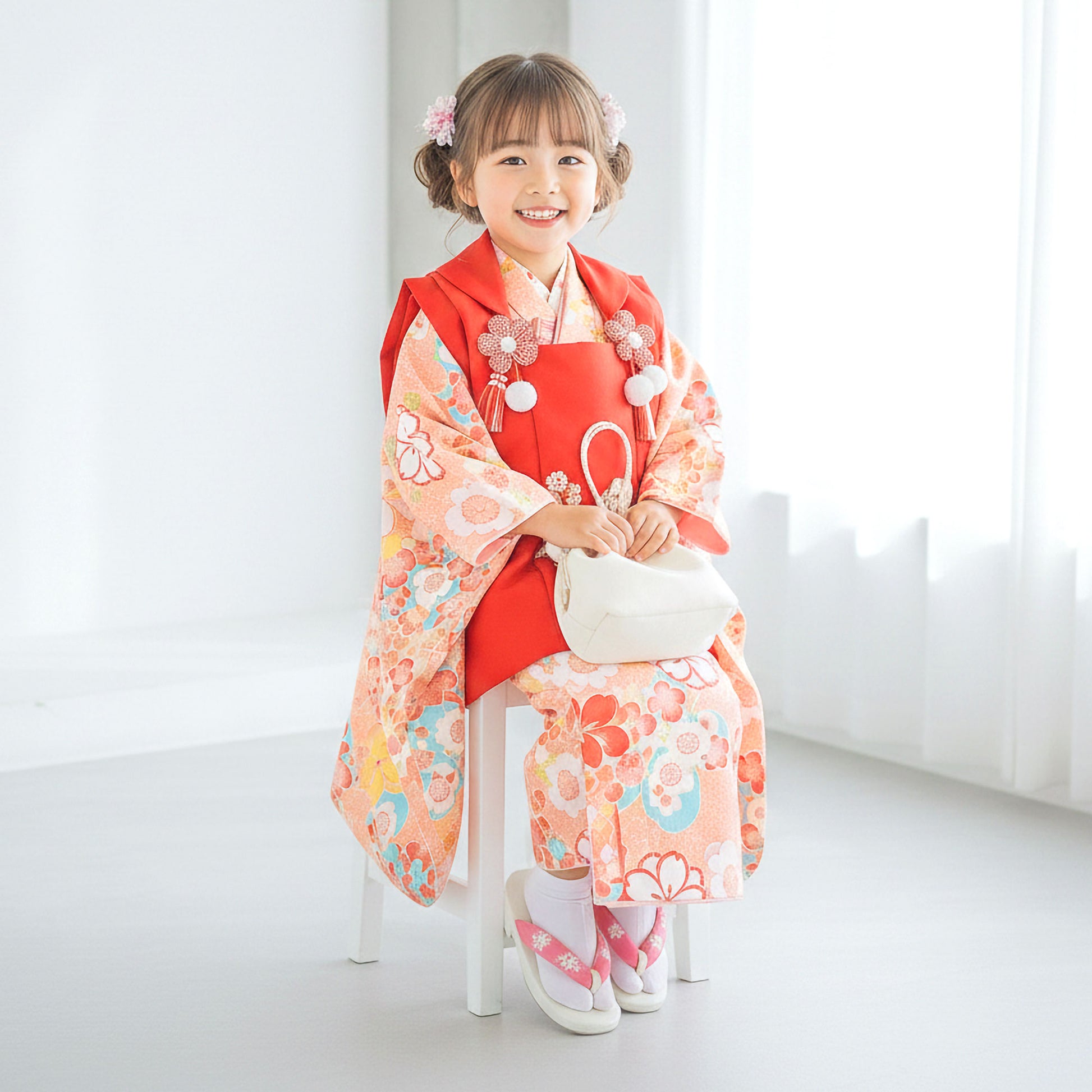 【お買い物マラソン10%OFFクーポン配布中!】【レンタル】七五三女の子3歳着物被布753着物フルセット着物貸衣装七五三三歳子供着物女児子ども結婚式和装小町kids小町キッズ赤ピンク鹿の子柄桜【往復送料無料】No.3064新品足袋プレゼン