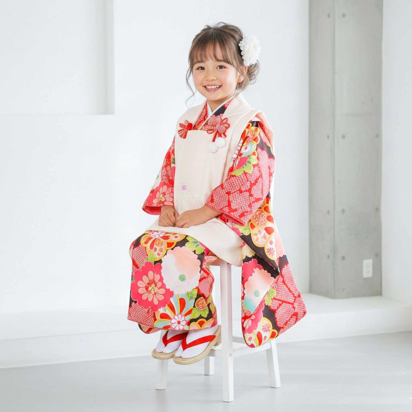 【お買い物マラソン10%OFFクーポン配布中!】【レンタル】七五三女の子3歳着物被布753着物フルセット着物貸衣装七五三三歳子供着物女児子ども結婚式和装小町kids小町キッズ白黒鹿の子柄梅【往復送料無料】No.3067新品足袋プレゼント