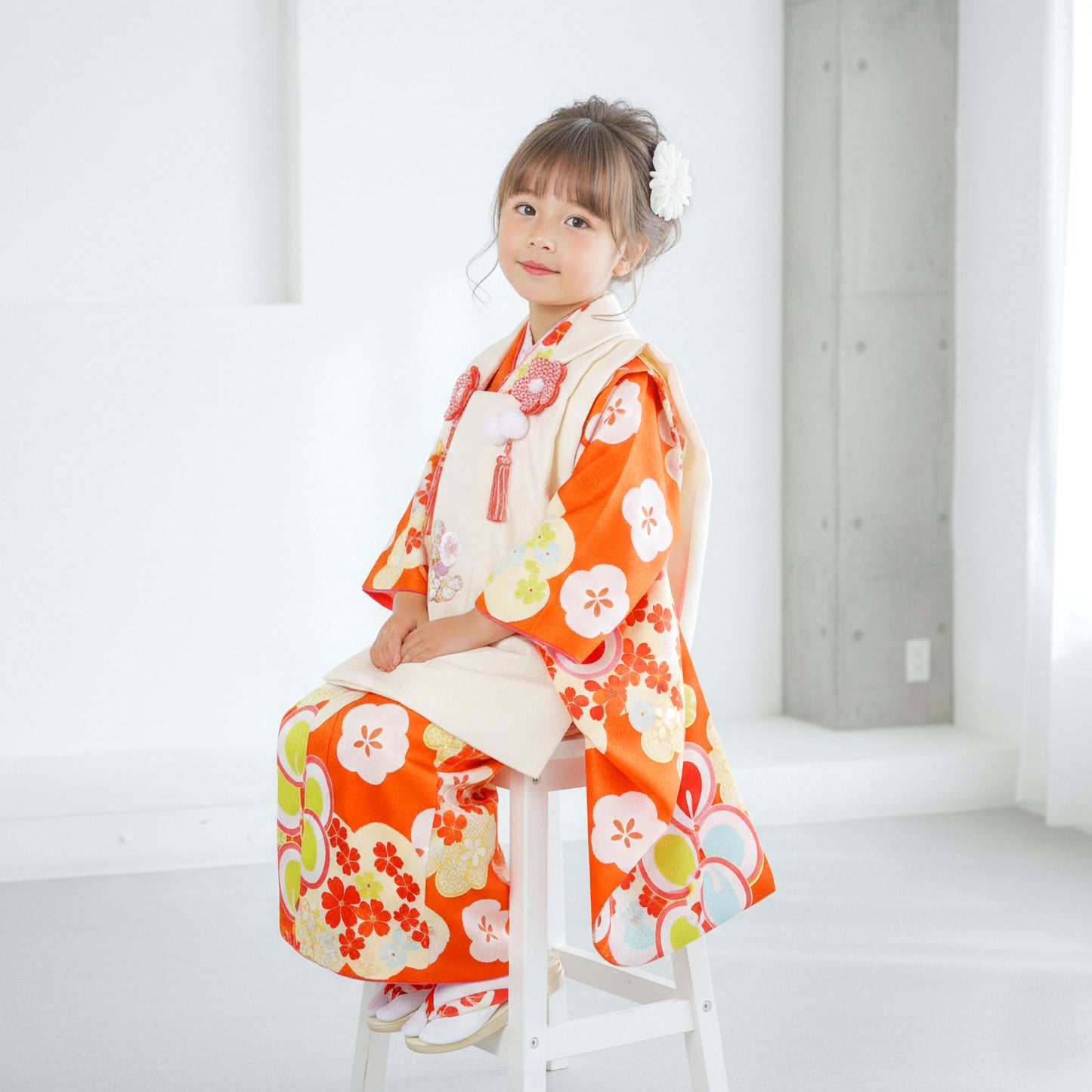 【お買い物マラソン10%OFFクーポン配布中!】【レンタル】七五三女の子3歳着物被布753着物フルセット着物貸衣装七五三三歳子供着物女児子ども結婚式和装小町kids小町キッズ白オレンジ桜梅【往復送料無料】No.3068新品足袋プレゼント