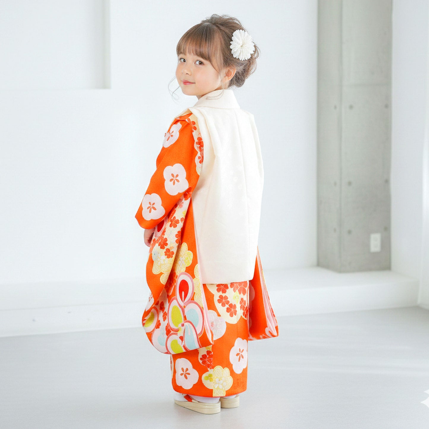 【お買い物マラソン10%OFFクーポン配布中!】【レンタル】七五三女の子3歳着物被布753着物フルセット着物貸衣装七五三三歳子供着物女児子ども結婚式和装小町kids小町キッズ白オレンジ桜梅【往復送料無料】No.3068新品足袋プレゼント