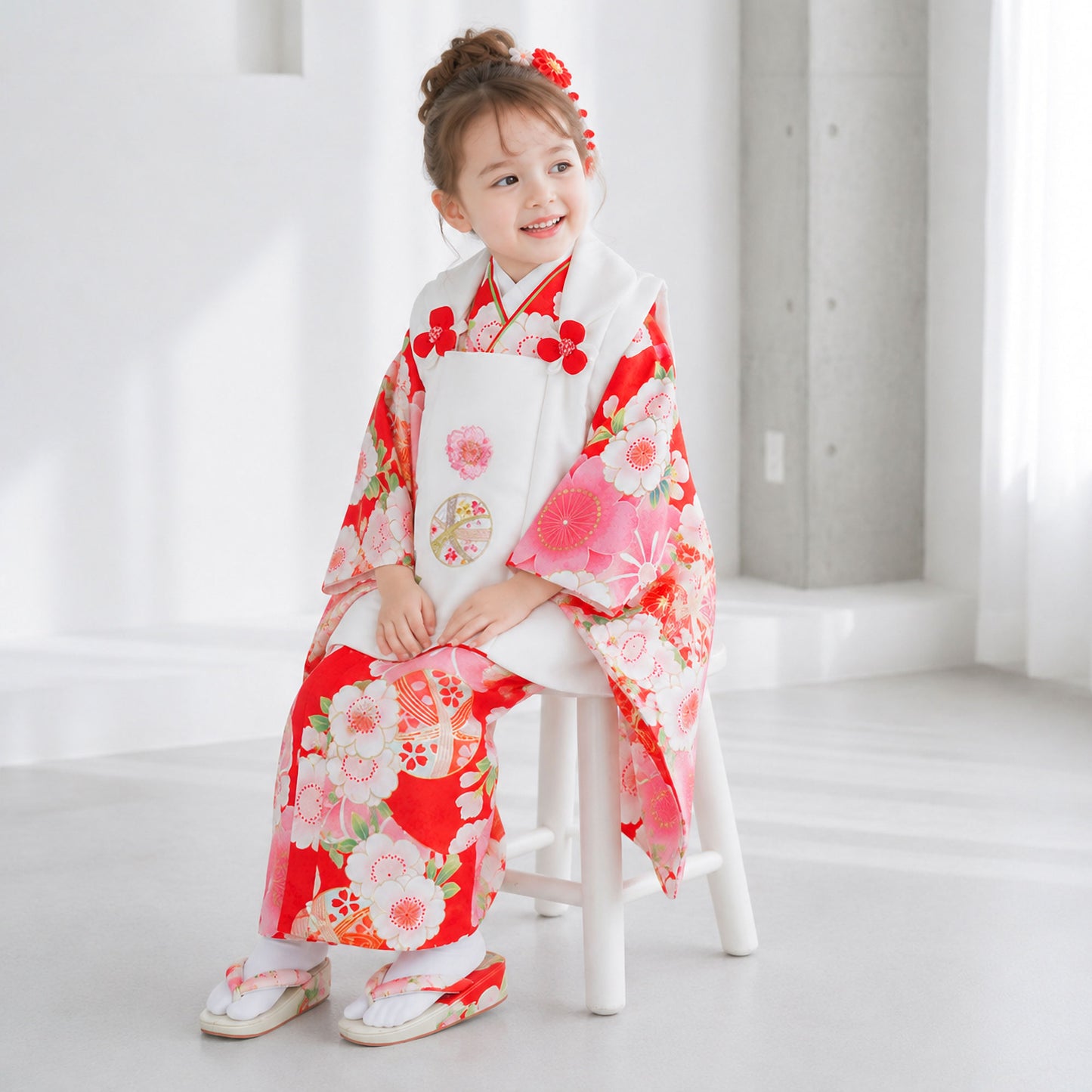 【お買い物マラソン半額クーポン配布中!】【レンタル】七五三女の子3歳着物被布753着物フルセット着物貸衣装七五三三歳子供着物女児子ども結婚式和装花ひめブランド白赤古典柄【往復送料無料】No.3140新品足袋プレゼントたび白足袋柄足袋色足袋