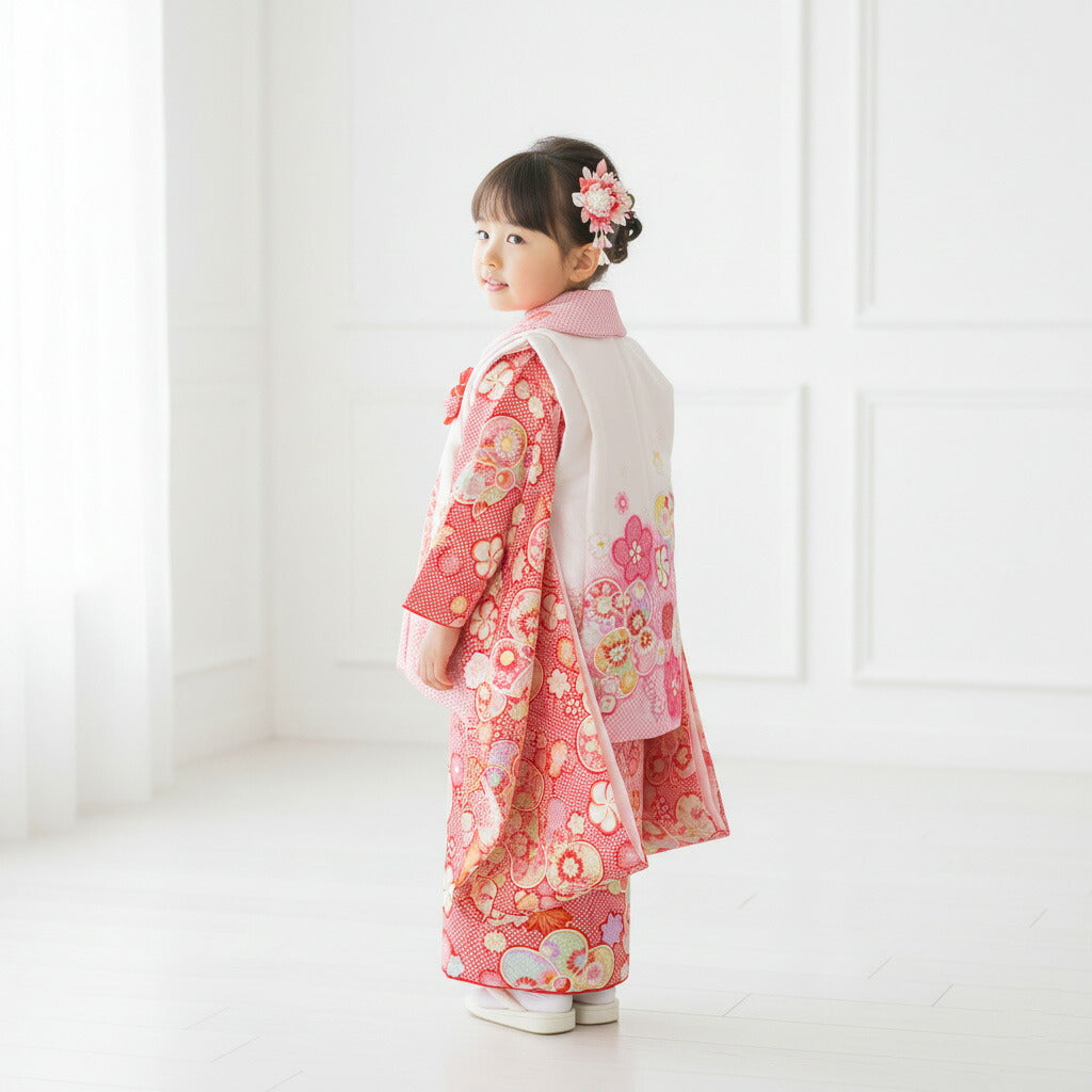 【レンタル】七五三女の子3歳着物被布753着物フルセット着物貸衣装七五三三歳子供着物女児子ども結婚式和装花うさぎブランド鹿の子柄赤白【往復送料無料】No.3150新品足袋プレゼント