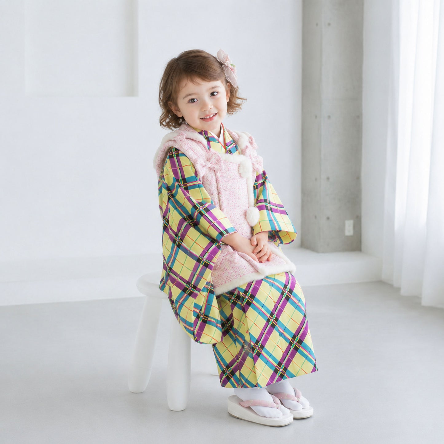 【お買い物マラソン半額クーポン配布中!】【レンタル】七五三女の子3歳着物被布753着物フルセット着物貸衣装七五三三歳子供着物女児子ども可愛いひな祭り結婚式和装にこるん藤田ニコルブランドフード付きチェックミントグリーンピンク【往復送料