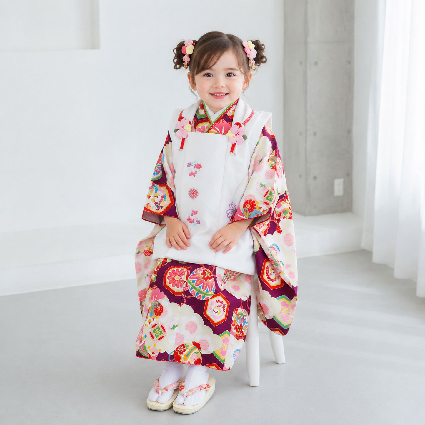 【スーパーSALE全品半額クーポン配布中!】【レンタル】七五三女の子3歳着物被布753着物フルセット着物貸衣装七五三三歳子供着物女児子ども結婚式和装式部浪漫ブランド紫白桜鞠【往復送料無料】No.3177新品足袋プレゼントたび白足