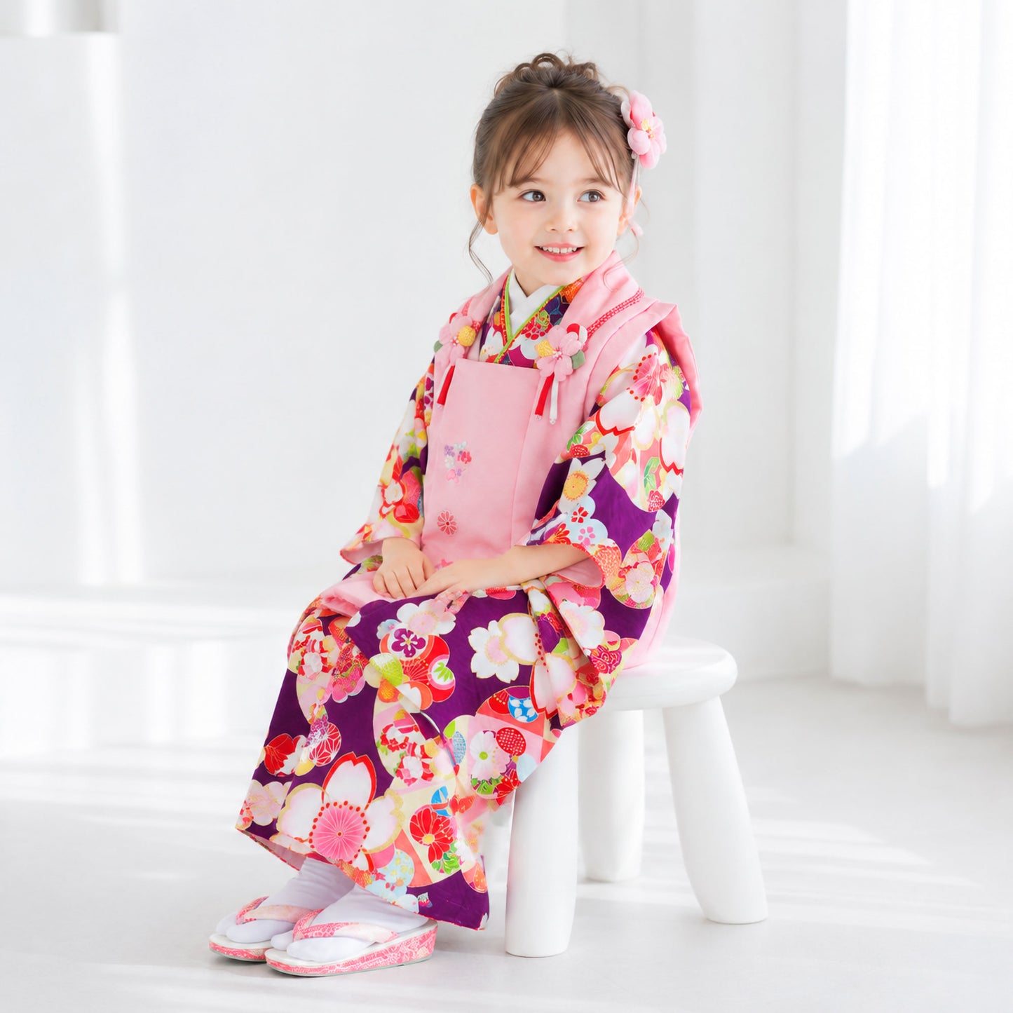 【スーパーSALE全品半額クーポン配布中!】【レンタル】七五三女の子3歳着物被布753着物フルセット着物貸衣装七五三三歳子供着物女児子ども結婚式和装式部浪漫ブランドピンク紫桜柄大きめ【往復送料無料】No.3180新品足袋プレゼント