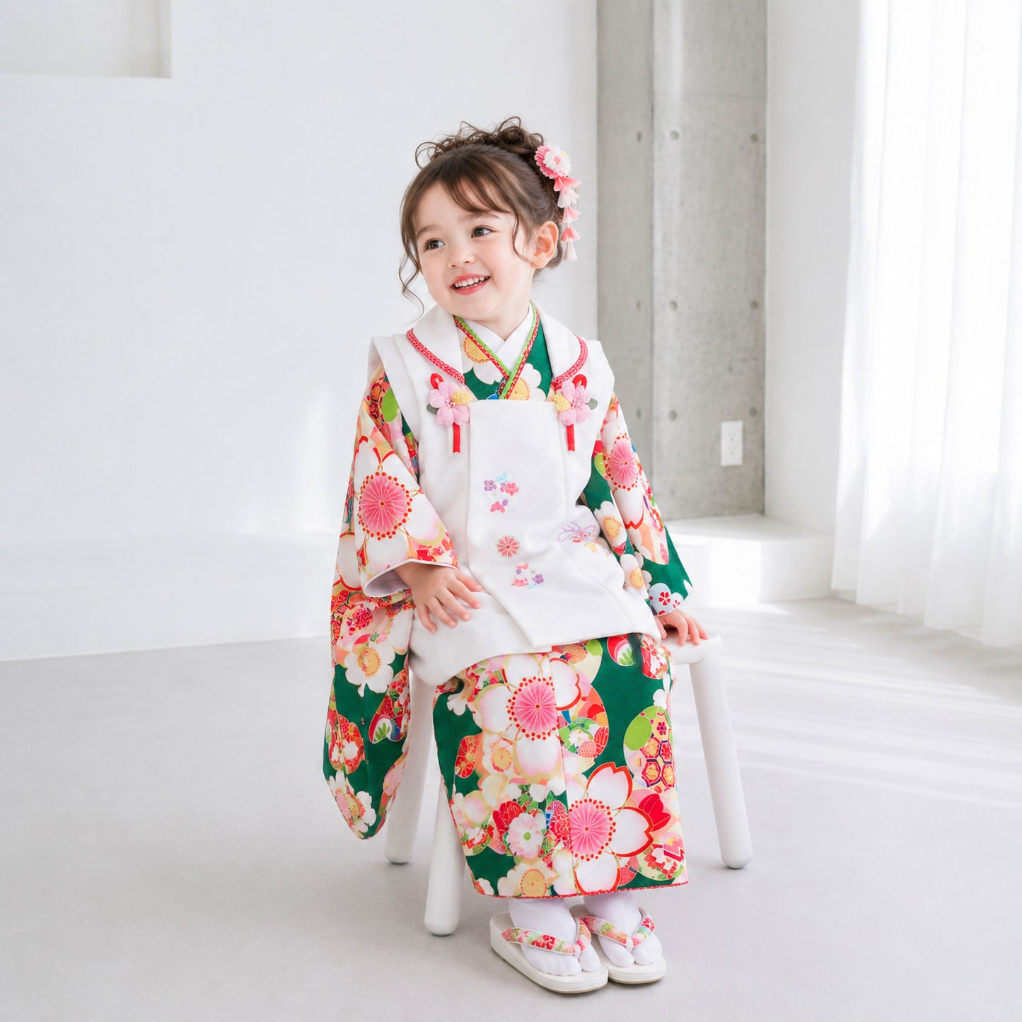 【スーパーSALE全品半額クーポン配布中!】【レンタル】七五三女の子3歳着物被布753着物フルセット着物貸衣装七五三三歳子供着物女児子ども結婚式和装式部浪漫ブランド緑桜柄大きめ【往復送料無料】No.3181新品足袋プレゼントたび白