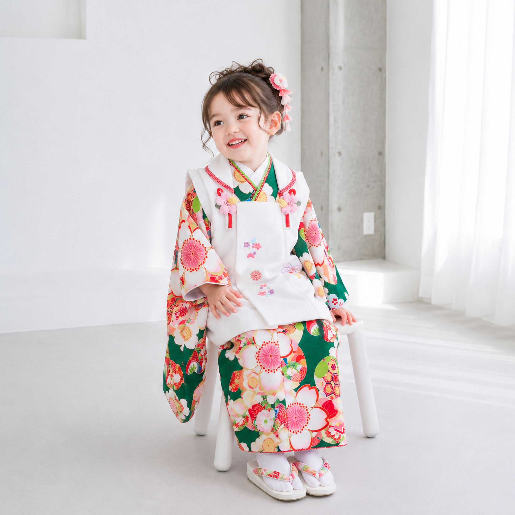 【スーパーSALE全品半額クーポン配布中!】【レンタル】七五三女の子3歳着物被布753着物フルセット着物貸衣装七五三三歳子供着物女児子ども結婚式和装式部浪漫ブランド緑桜柄大きめ【往復送料無料】No.3181新品足袋プレゼントたび白