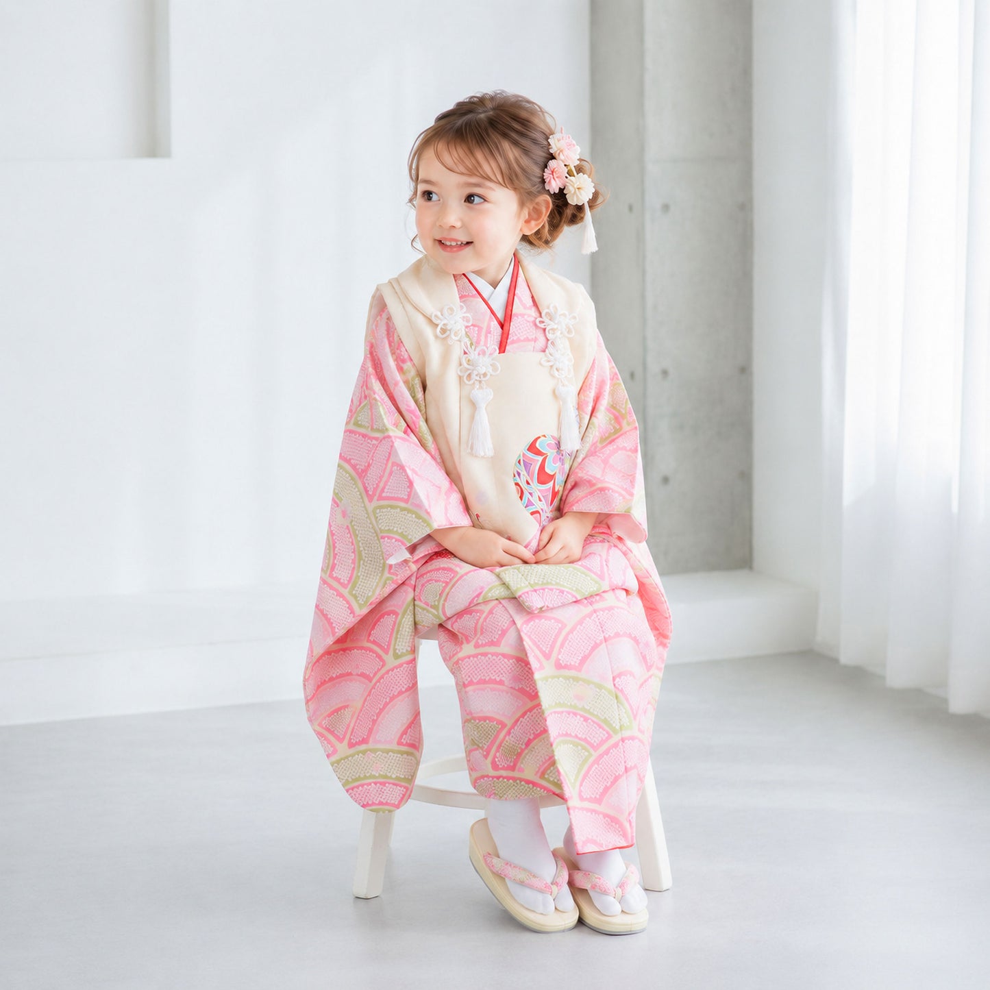 【1日限定!クーポンで10%OFF】【レンタル】七五三女の子3歳着物被布753着物フルセット着物貸衣装七五三三歳子供着物女児子ども結婚式和装KAGURAブランドピンククリーム波鹿の子柄【往復送料無料】No.3185新品足袋プレゼントたび礼装