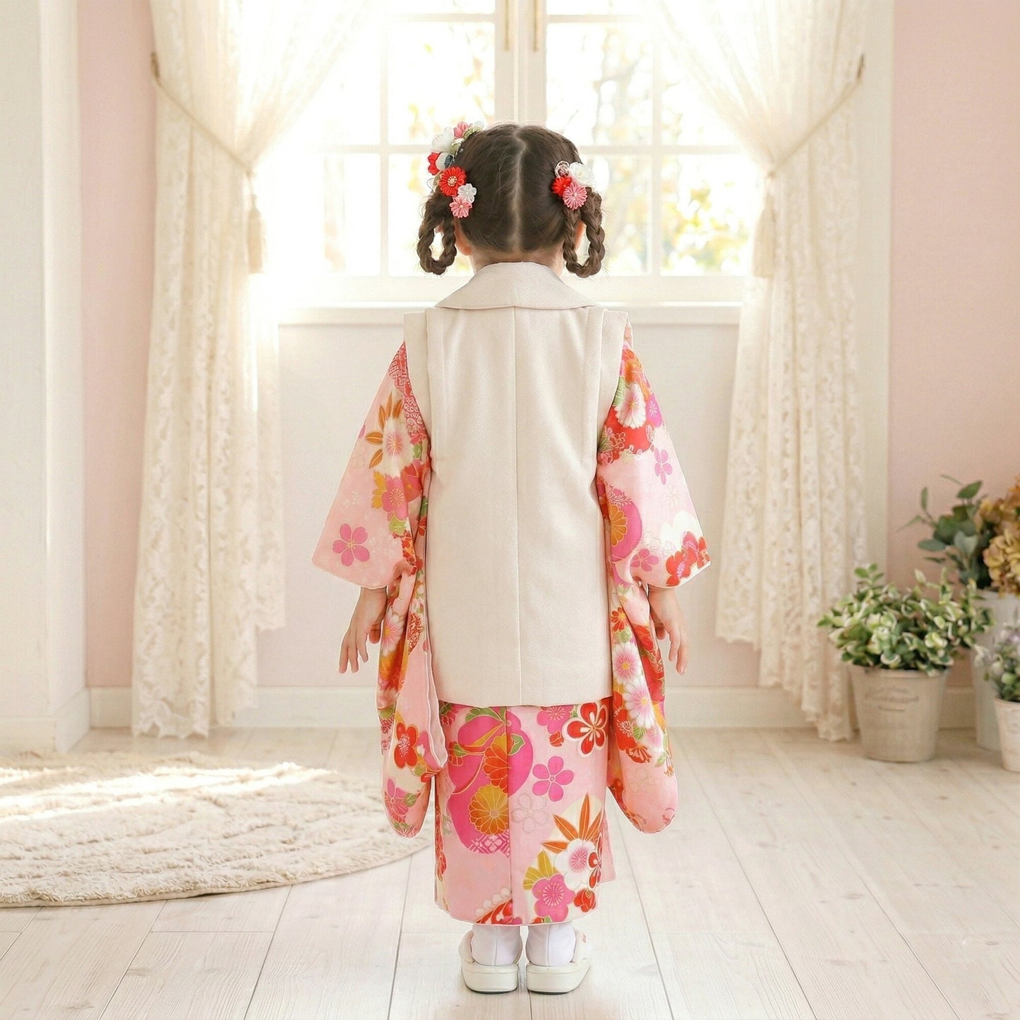 【お買い物マラソン全品半額クーポン配布中!】【レンタル】七五三女の子3歳着物被布753着物フルセット着物貸衣装七五三三歳子供着物女児子ども結婚式和装小町kidsブランド古典モダンピンク白橘【往復送料無料】No.3214新品足袋プレゼン