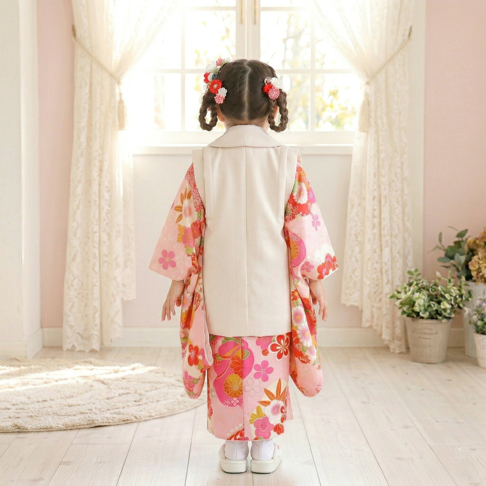 【お買い物マラソン全品半額クーポン配布中!】【レンタル】七五三女の子3歳着物被布753着物フルセット着物貸衣装七五三三歳子供着物女児子ども結婚式和装小町kidsブランド古典モダンピンク白橘【往復送料無料】No.3214新品足袋プレゼン