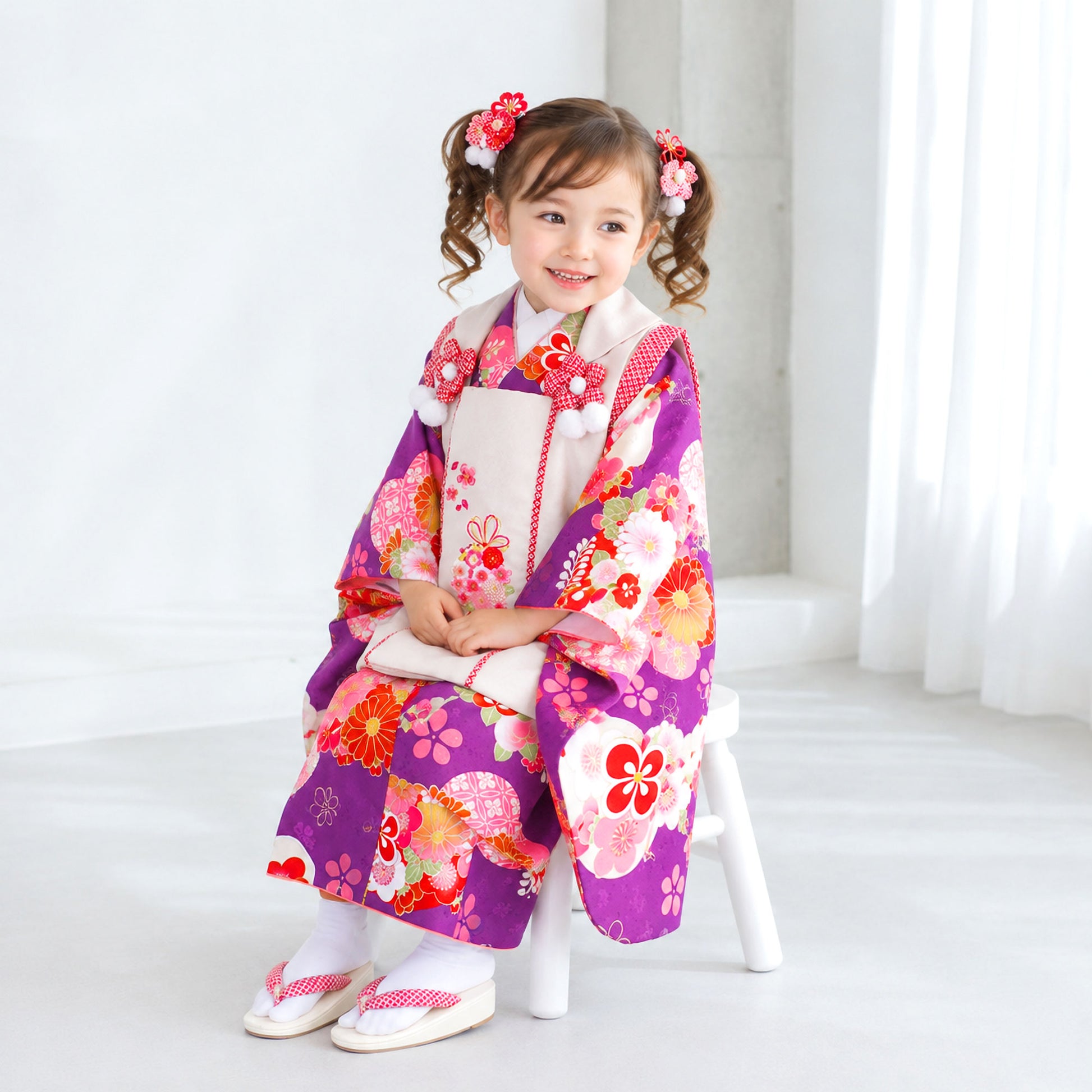 【お買い物マラソン半額クーポン配布中!】【レンタル】七五三女の子3歳着物被布753着物フルセット着物貸衣装七五三三歳子供着物女児子ども結婚式和装小町kidsブランド古典モダン白紫【往復送料無料】No.3218新品足袋プレゼントたび白足袋柄足袋