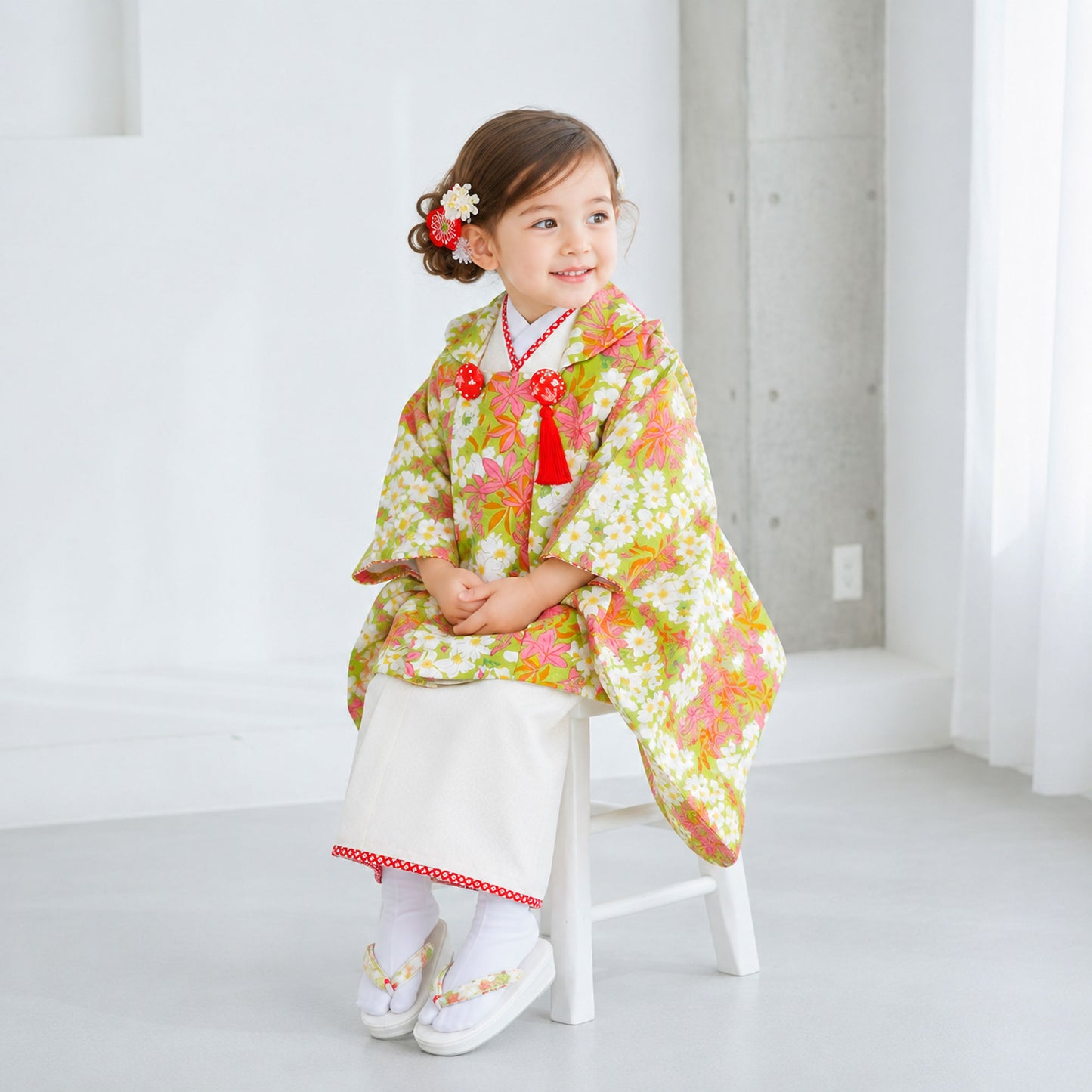 【お買い物マラソン半額クーポン配布中!】【レンタル】七五三女の子3歳着物被布753着物フルセット着物貸衣装七五三三歳子供着物女児子ども結婚式和装榛原（はいばら）ブランド古典黄緑黄色【往復送料無料】No.3222新品足袋プレゼントたび白足袋柄