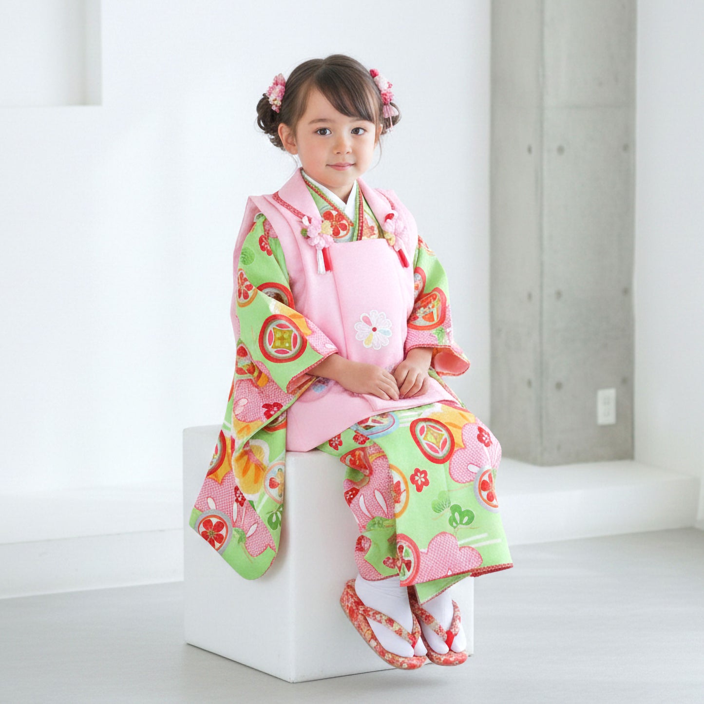 【レンタル】七五三女の子3歳着物被布753着物フルセット着物貸衣装七五三三歳子供着物女児子ども結婚式和装式部浪漫ブランド黄緑ピンク松【往復送料無料】No.3228新品足袋プレゼント