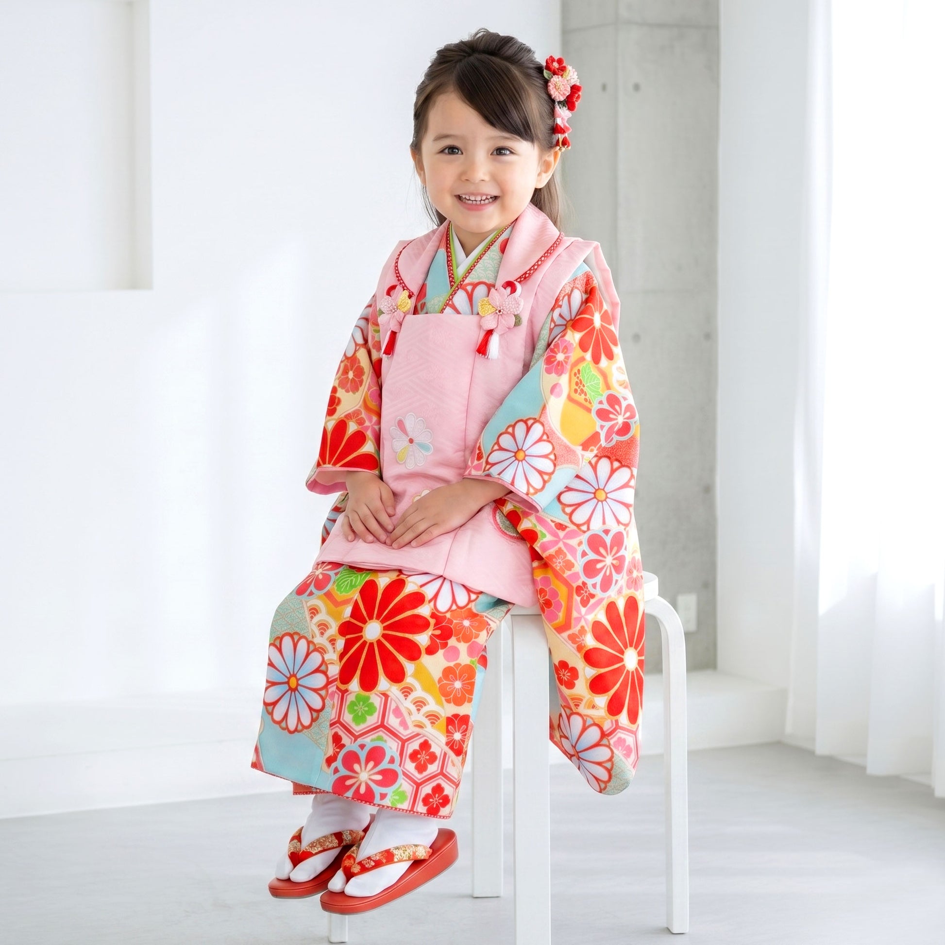 【レンタル】七五三女の子3歳着物被布753着物フルセット着物貸衣装七五三三歳子供着物女児子ども結婚式和装式部浪漫ブランド水色ピンク古典【往復送料無料】No.3229新品足袋プレゼント