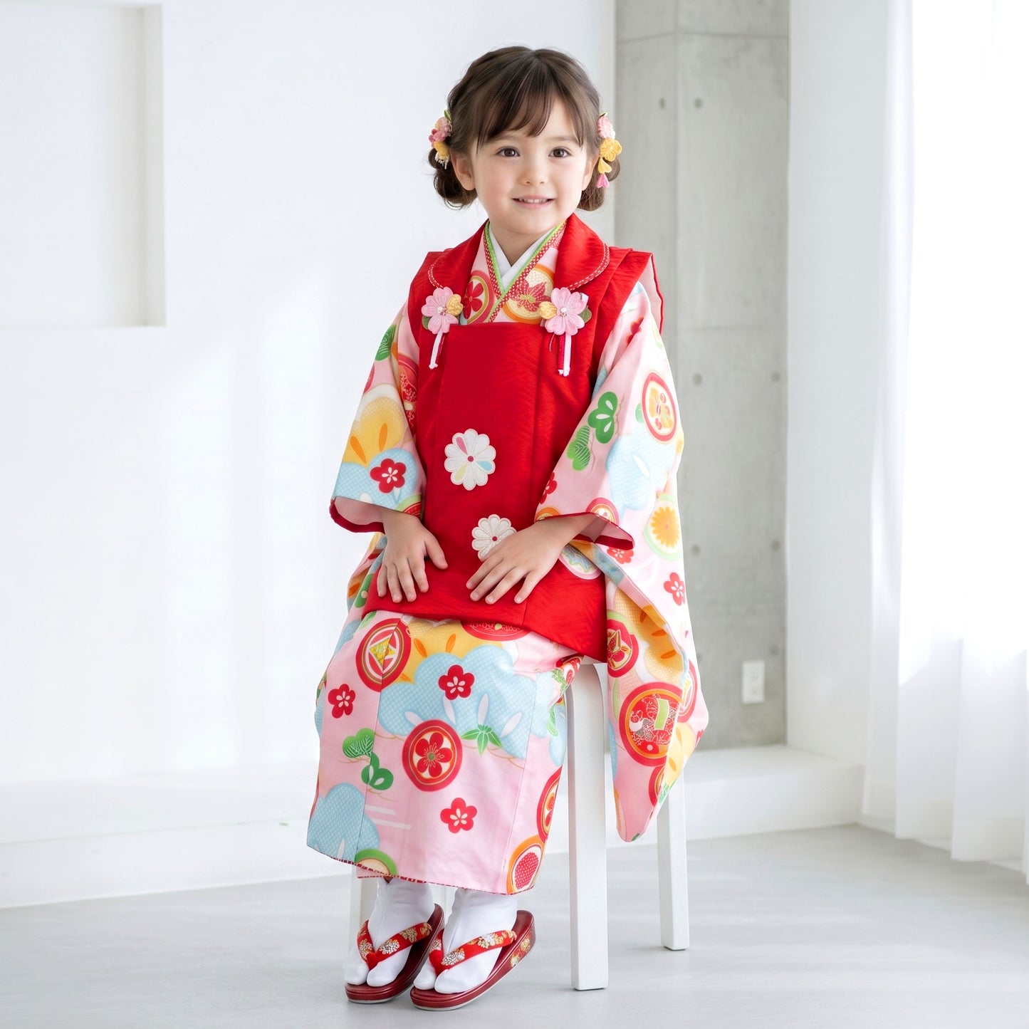 【レンタル】七五三女の子3歳着物被布753着物フルセット着物貸衣装七五三三歳子供着物女児子ども結婚式和装式部浪漫ブランド赤ピンク松【往復送料無料】No.3230新品足袋プレゼント