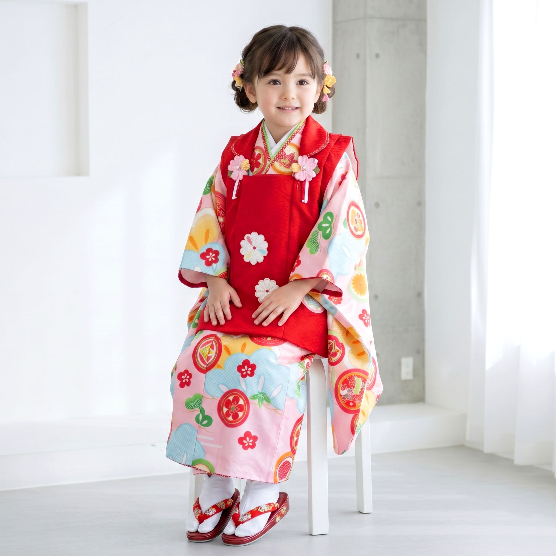 【レンタル】七五三女の子3歳着物被布753着物フルセット着物貸衣装七五三三歳子供着物女児子ども結婚式和装式部浪漫ブランド赤ピンク松【往復送料無料】No.3230新品足袋プレゼント