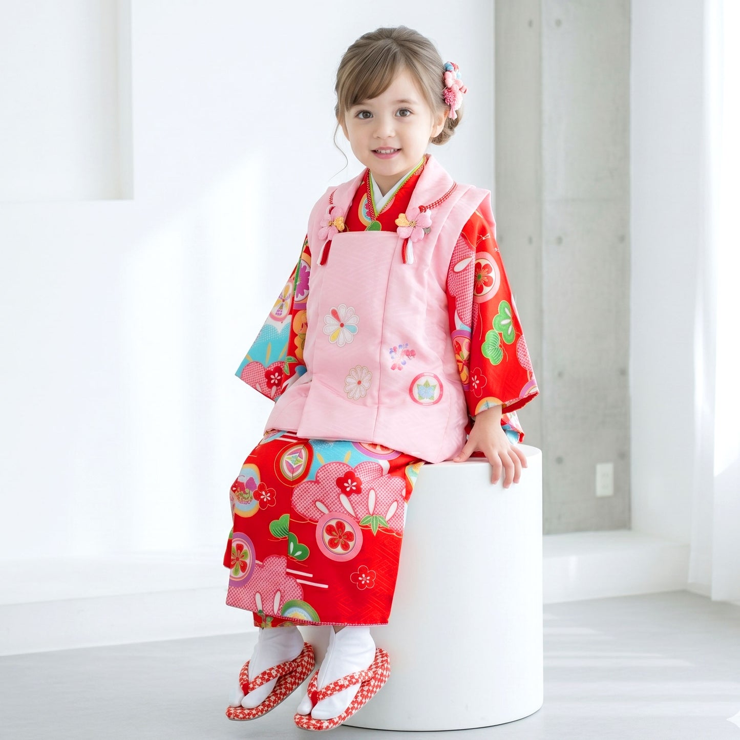【レンタル】七五三女の子3歳着物被布753着物フルセット着物貸衣装七五三三歳子供着物女児子ども結婚式和装式部浪漫ブランド赤ピンク松【往復送料無料】No.3232新品足袋プレゼント