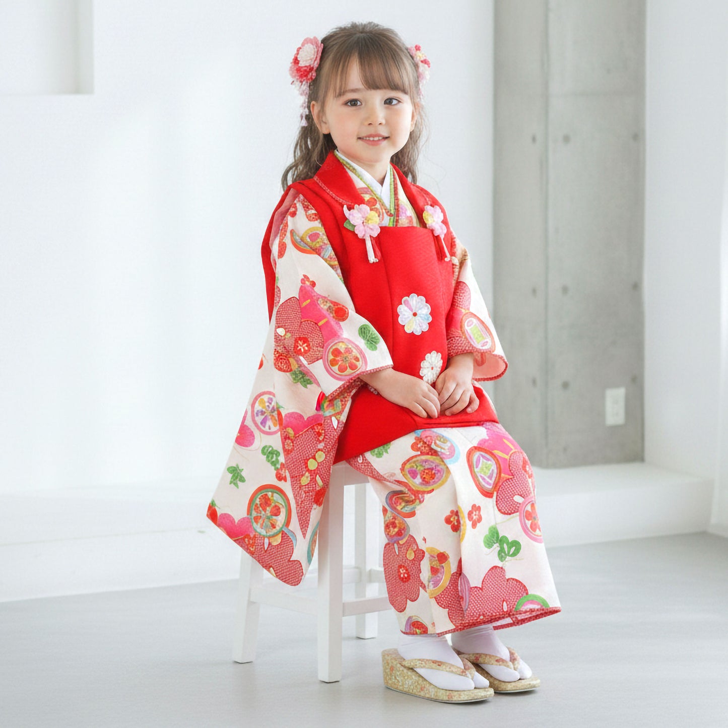 【レンタル】七五三女の子3歳着物被布753着物フルセット着物貸衣装七五三三歳子供着物女児子ども結婚式和装式部浪漫ブランド赤白松【往復送料無料】No.3235新品足袋プレゼント