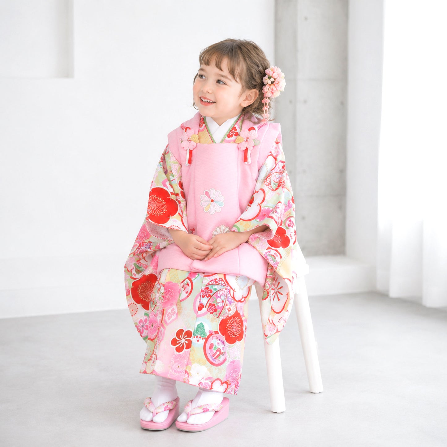 【お買い物マラソン半額クーポン配布中!】【レンタル】七五三女の子3歳着物被布753着物フルセット着物貸衣装七五三三歳子供着物女児子ども結婚式和装式部浪漫ブランド黄色ピンク梅【往復送料無料】No.3236新品足袋プレゼントたび白足袋柄足袋色