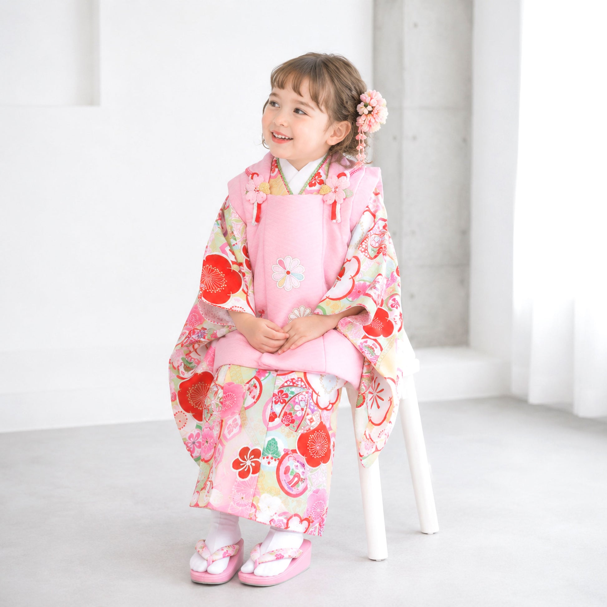 【お買い物マラソン半額クーポン配布中!】【レンタル】七五三女の子3歳着物被布753着物フルセット着物貸衣装七五三三歳子供着物女児子ども結婚式和装式部浪漫ブランド黄色ピンク梅【往復送料無料】No.3236新品足袋プレゼントたび白足袋柄足袋色