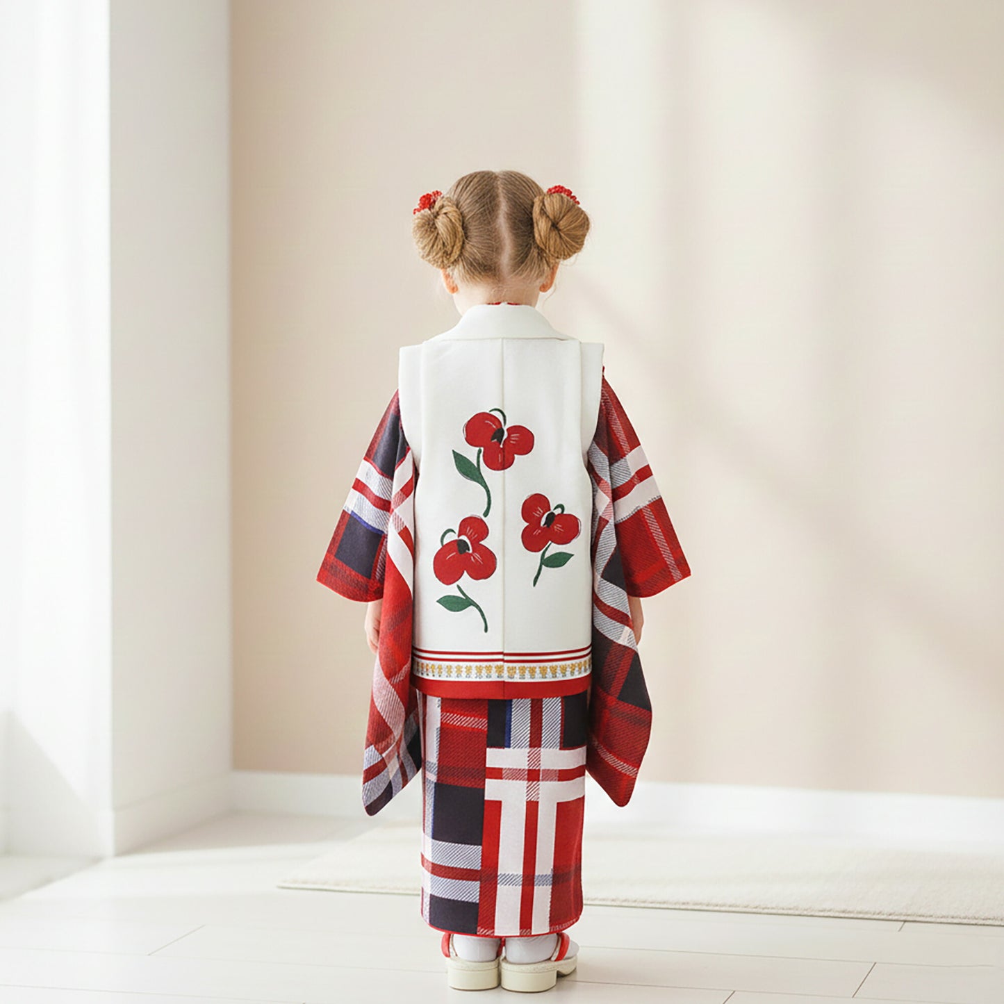 【レンタル】七五三女の子3歳着物被布753着物フルセット着物貸衣装七五三三歳子供着物女児子ども結婚式和装LILIブランドチェック赤白北欧花かわいい【往復送料無料】No.3238新品足袋プレゼント