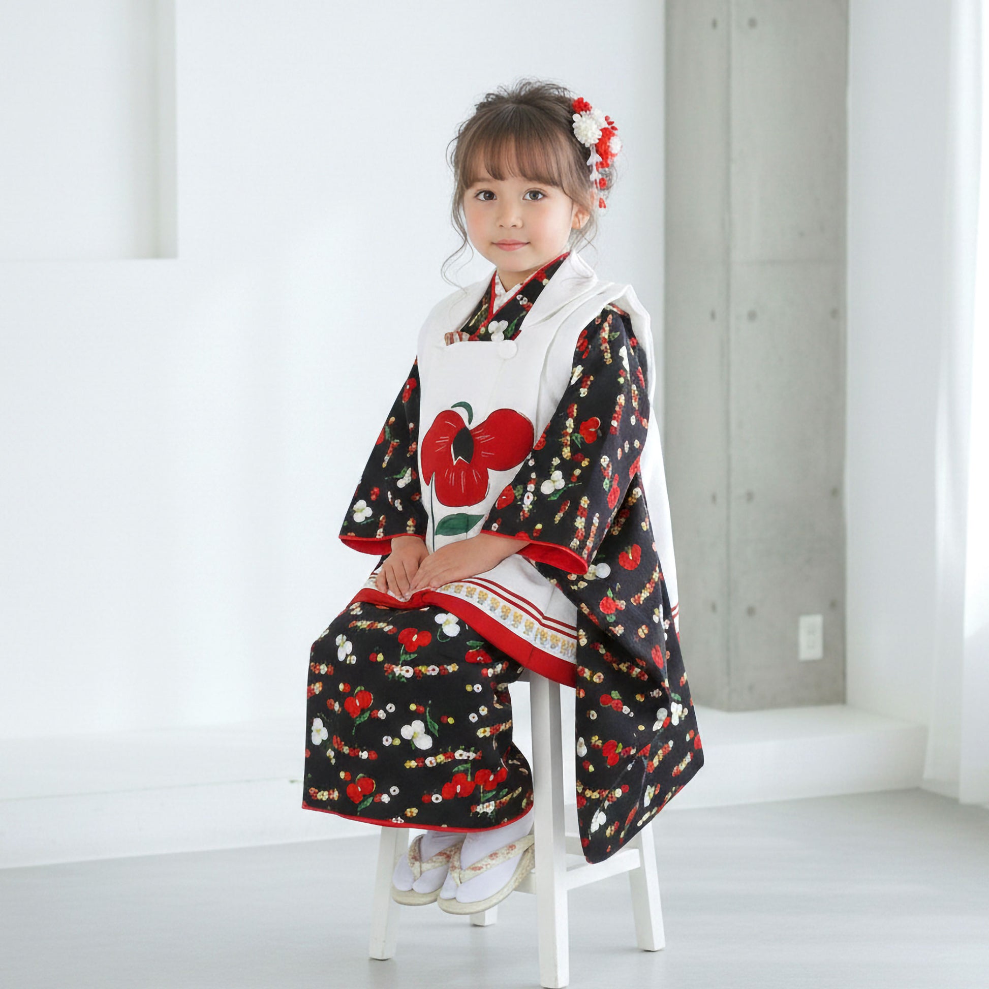 【レンタル】七五三女の子3歳着物被布753着物フルセット着物貸衣装七五三三歳子供着物女児子ども結婚式和装LILIブランド小花黒白【往復送料無料】No.3239新品足袋プレゼント