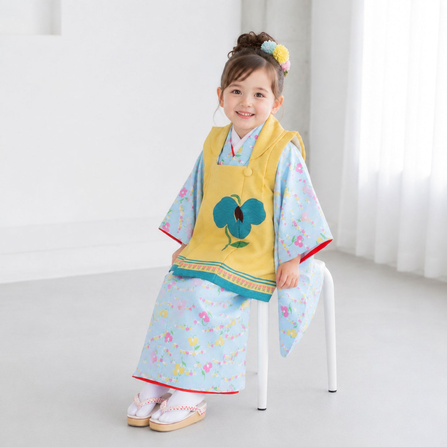 【お買い物マラソン半額クーポン配布中!】【レンタル】七五三女の子3歳着物被布753着物フルセット着物貸衣装七五三三歳子供着物女児子ども結婚式和装LILIブランド小花水色黄色【往復送料無料】No.3240新品足袋プレゼントたび白足袋柄足袋色足袋
