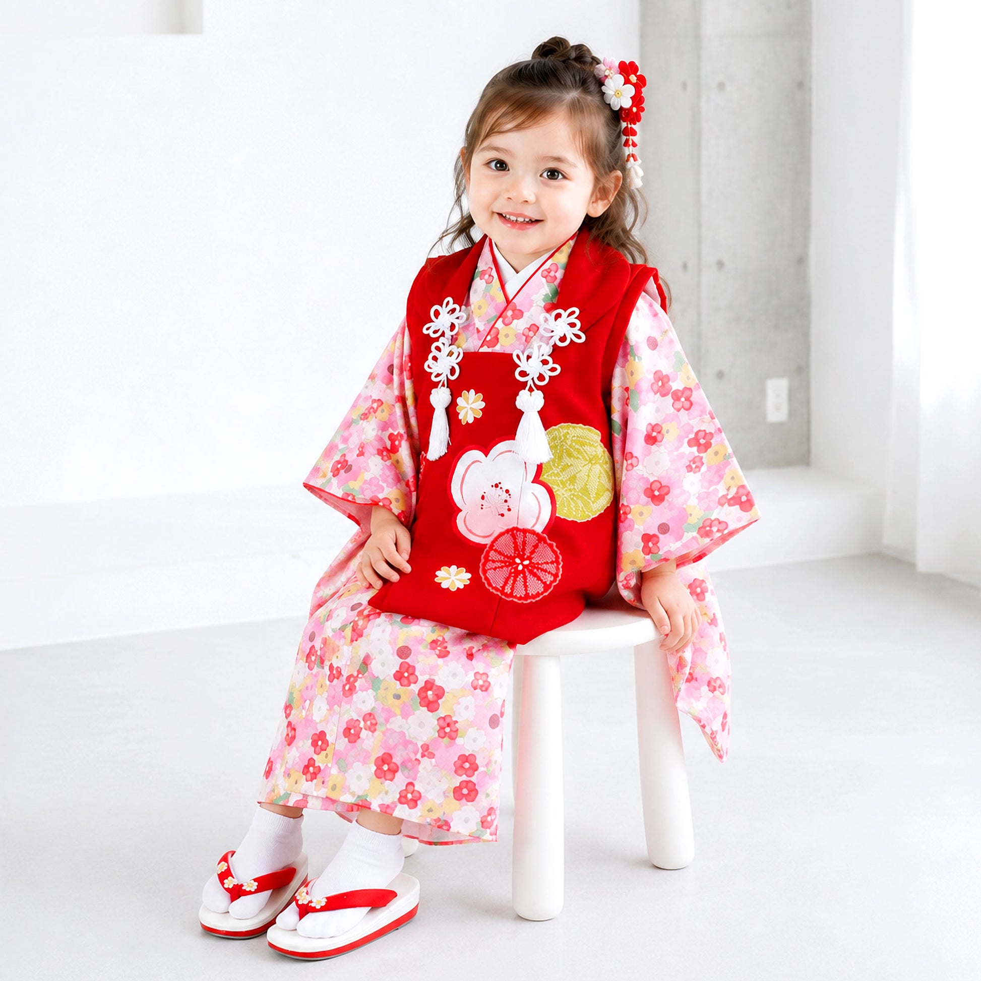 【お買い物マラソン10%OFFクーポン配布中ッ!】【レンタル】七五三女の子3歳着物被布753着物フルセット着物貸衣装七五三三歳子供着物女児子ども結婚式和装KAGURAブランド小花赤ピンク【往復送料無料】No.3242新品足袋プレゼント
