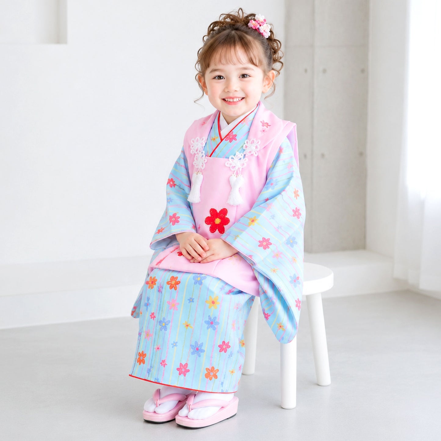 【お買い物マラソン10%OFFクーポン配布中ッ!】【レンタル】七五三女の子3歳着物被布753着物フルセット着物貸衣装七五三三歳子供着物女児子ども結婚式和装KAGURAブランド小花ピンク水色【往復送料無料】No.3244新品足袋プレゼント