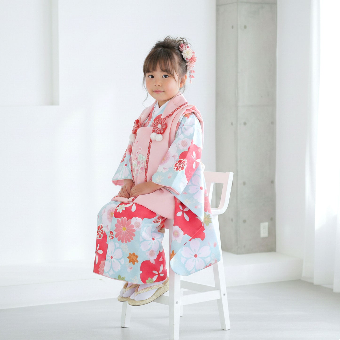 【レンタル】七五三女の子3歳着物被布753着物フルセット着物貸衣装七五三三歳子供着物女児子ども結婚式和装小町kidsブランド古典モダン青ピンク梅【往復送料無料】No.3254新品足袋プレゼント