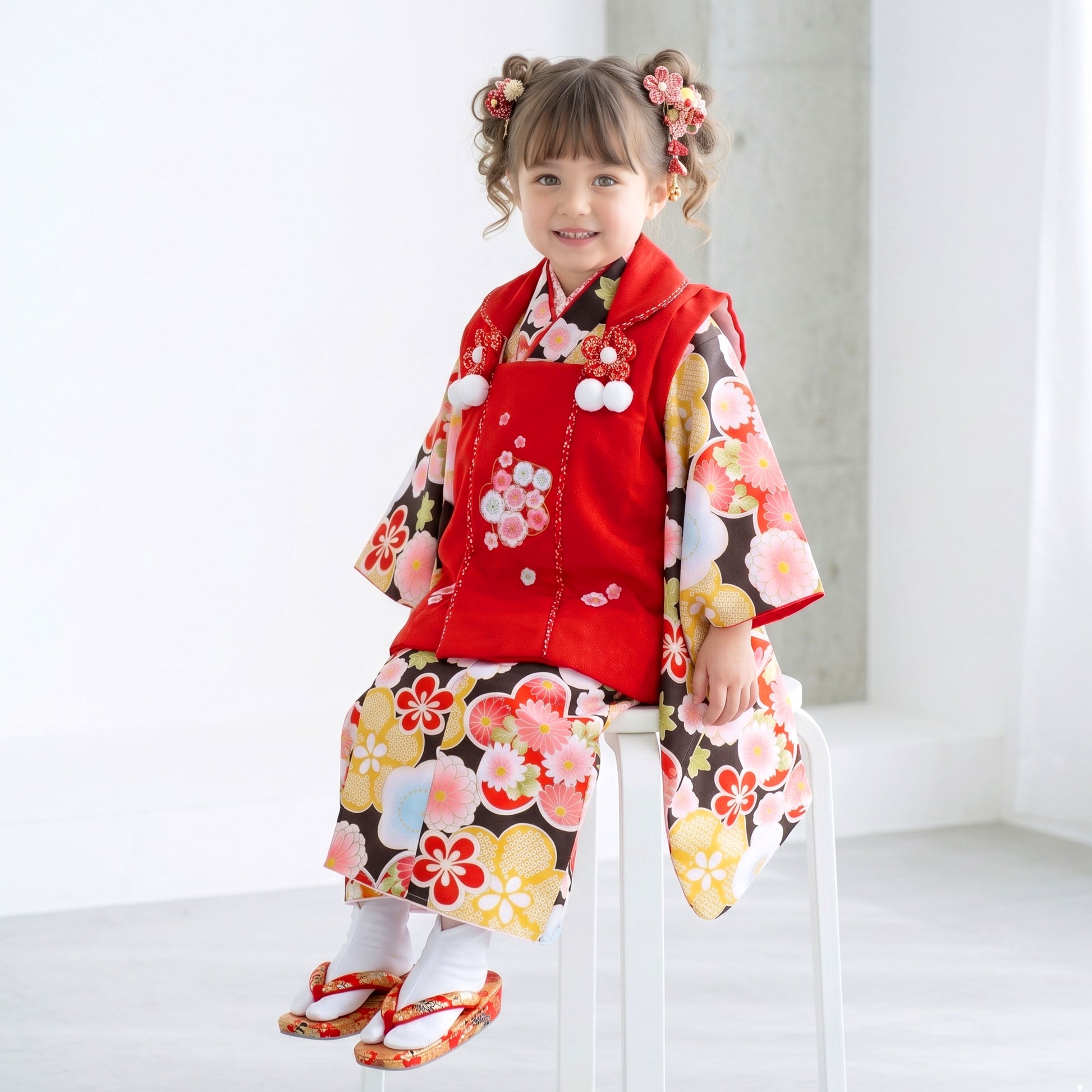 【レンタル】七五三女の子3歳着物被布753着物フルセット着物貸衣装七五三三歳子供着物女児子ども結婚式和装小町kidsブランド古典モダン赤黒梅【往復送料無料】No.3255新品足袋プレゼント