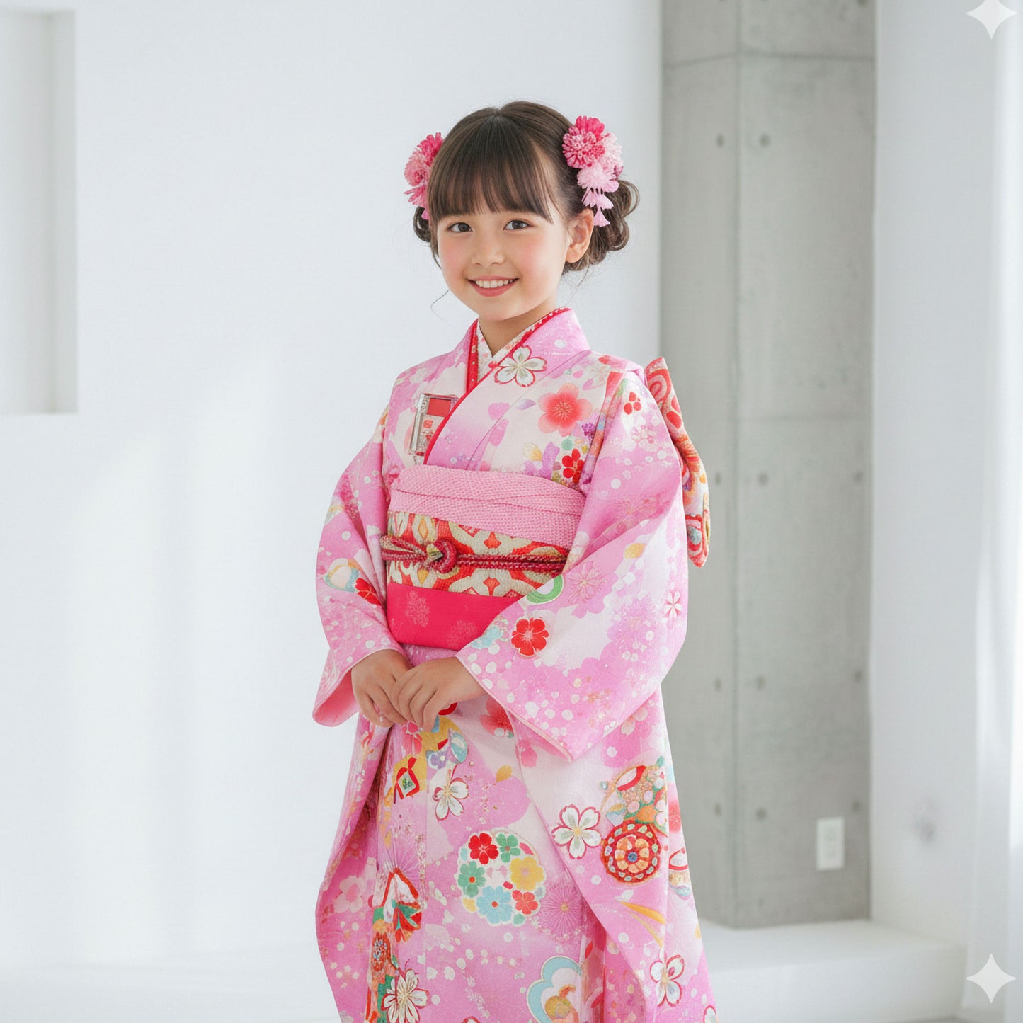 【レンタル】花うさぎ 七五三 四ツ身 着物 フルセット 【7歳 貸衣装 七五三】子供 女児 和服 セット 日本舞踊【往復送料無料】白 ピンク 桜