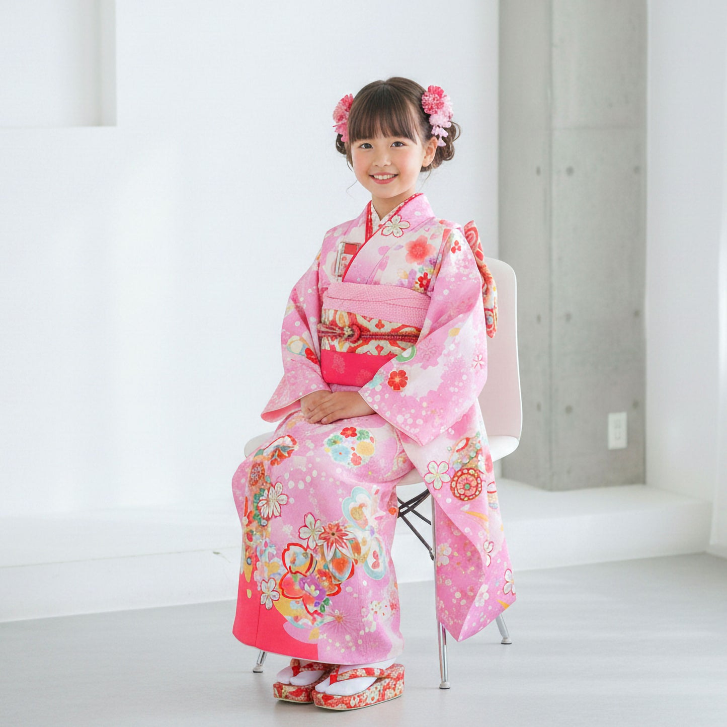 【お買い物マラソン10%OFFクーポン配布中!】【レンタル】花うさぎ七五三四ツ身着物フルセット【7歳貸衣装七五三】子供女児和服セット日本舞踊【往復送料無料】白ピンク桜新品足袋プレゼント