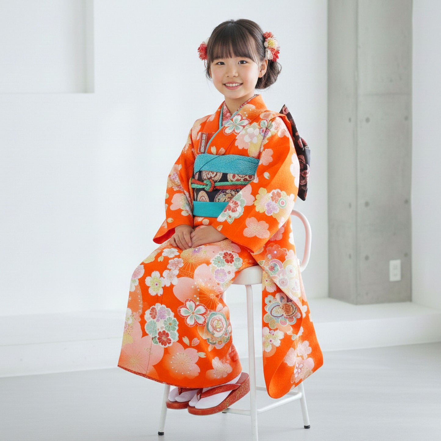 【お買い物マラソン10%OFFクーポン配布中!】【レンタル】花うさぎ七五三四ツ身着物フルセット【7歳貸衣装七五三】子供女児和服セット日本舞踊【往復送料無料】橙オレンジ桜新品足袋プレゼント