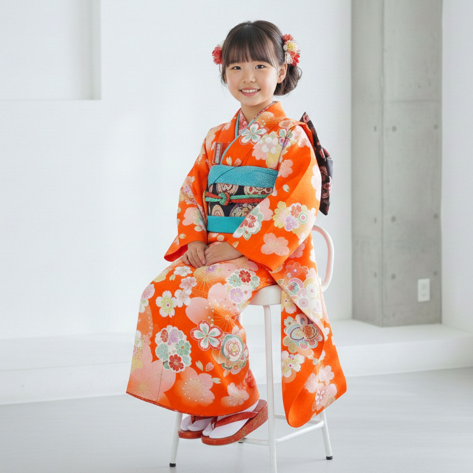 【お買い物マラソン10%OFFクーポン配布中!】【レンタル】花うさぎ七五三四ツ身着物フルセット【7歳貸衣装七五三】子供女児和服セット日本舞踊【往復送料無料】橙オレンジ桜新品足袋プレゼント