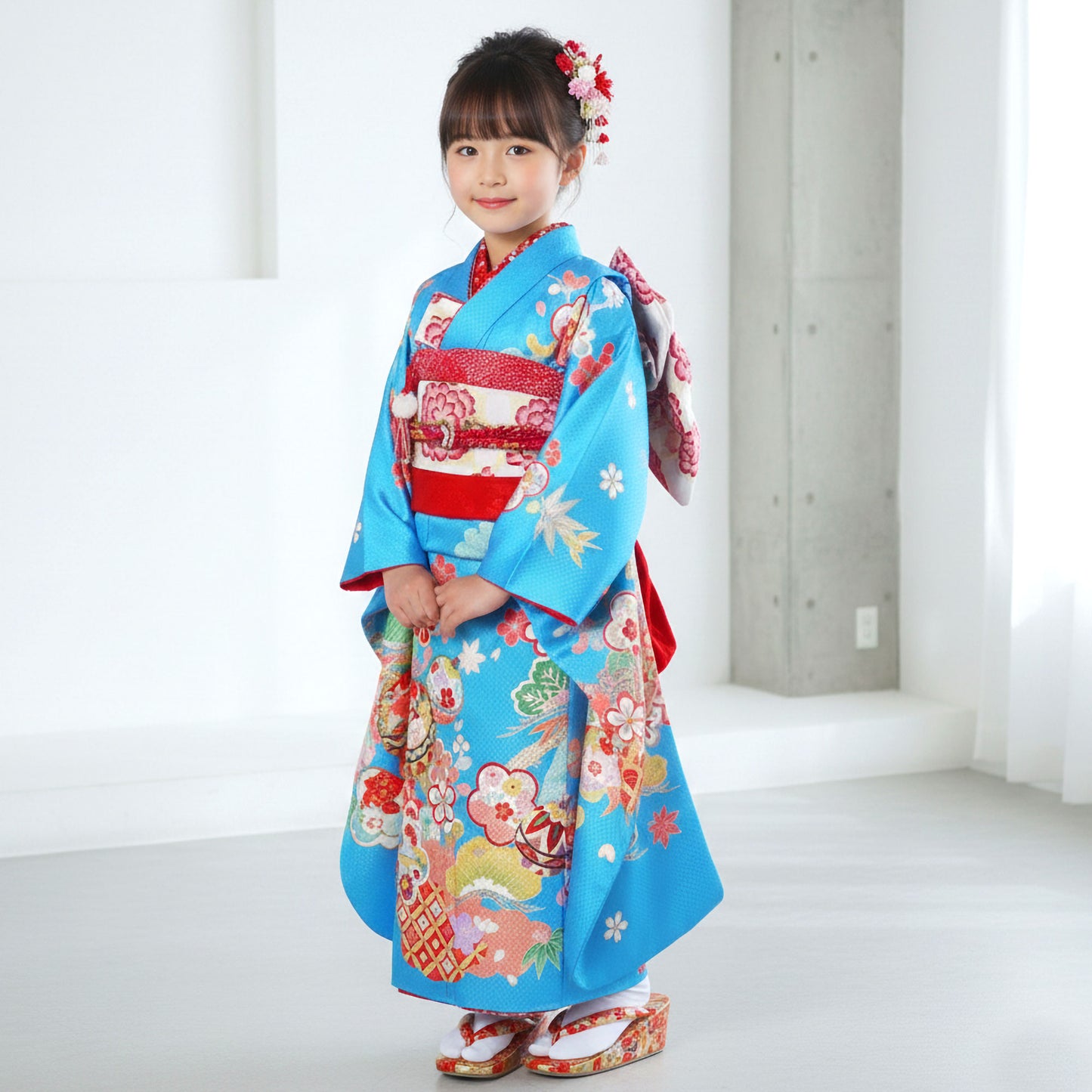 【レンタル】花うさぎ七五三四ツ身着物フルセット【7歳貸衣装七五三】子供女児和服セット日本舞踊【往復送料無料】青松竹梅新品足袋プレゼント